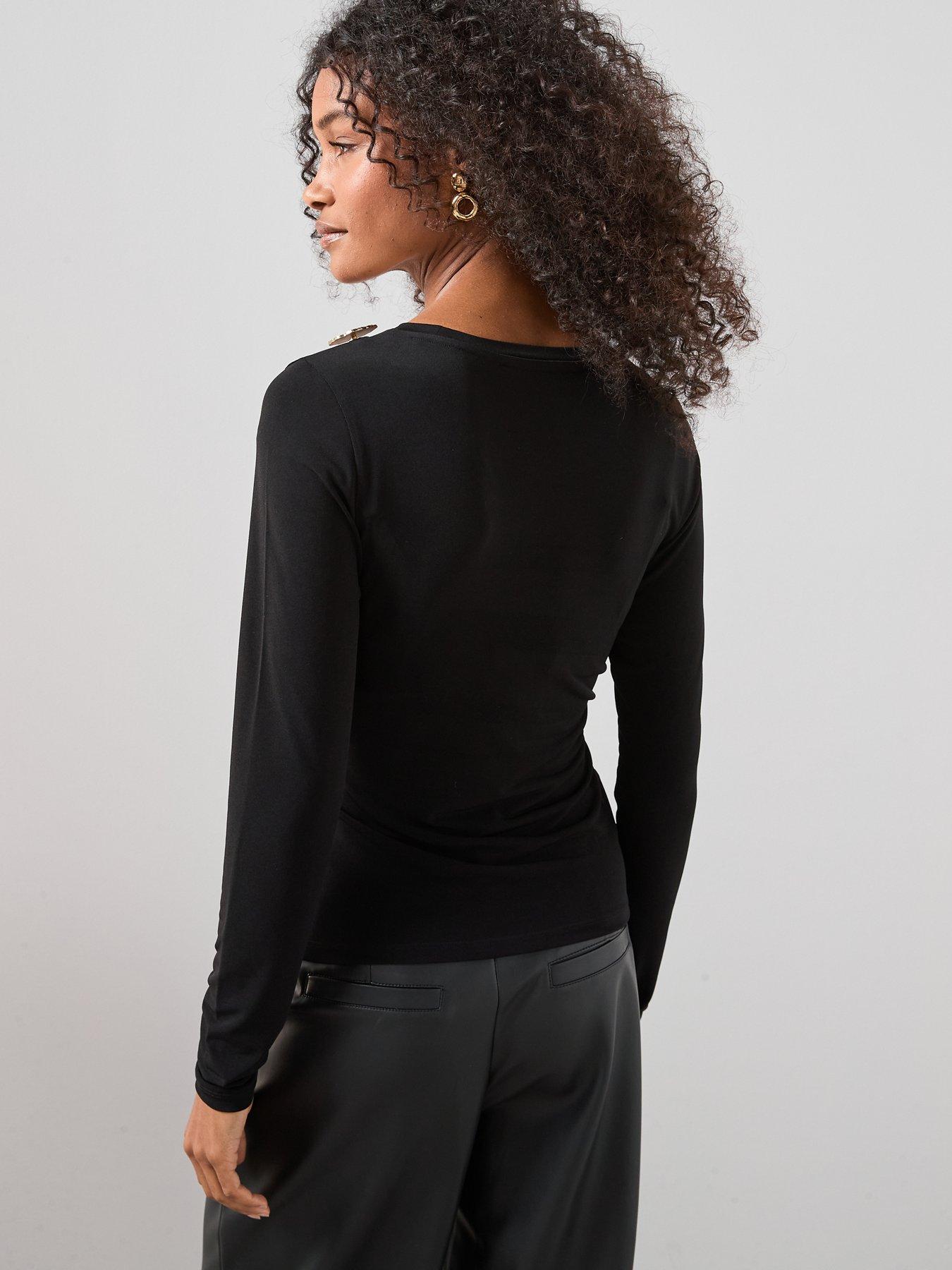 stillFront image of the-very-collection-trim-detail-cut-out-long-sleeve-top-black