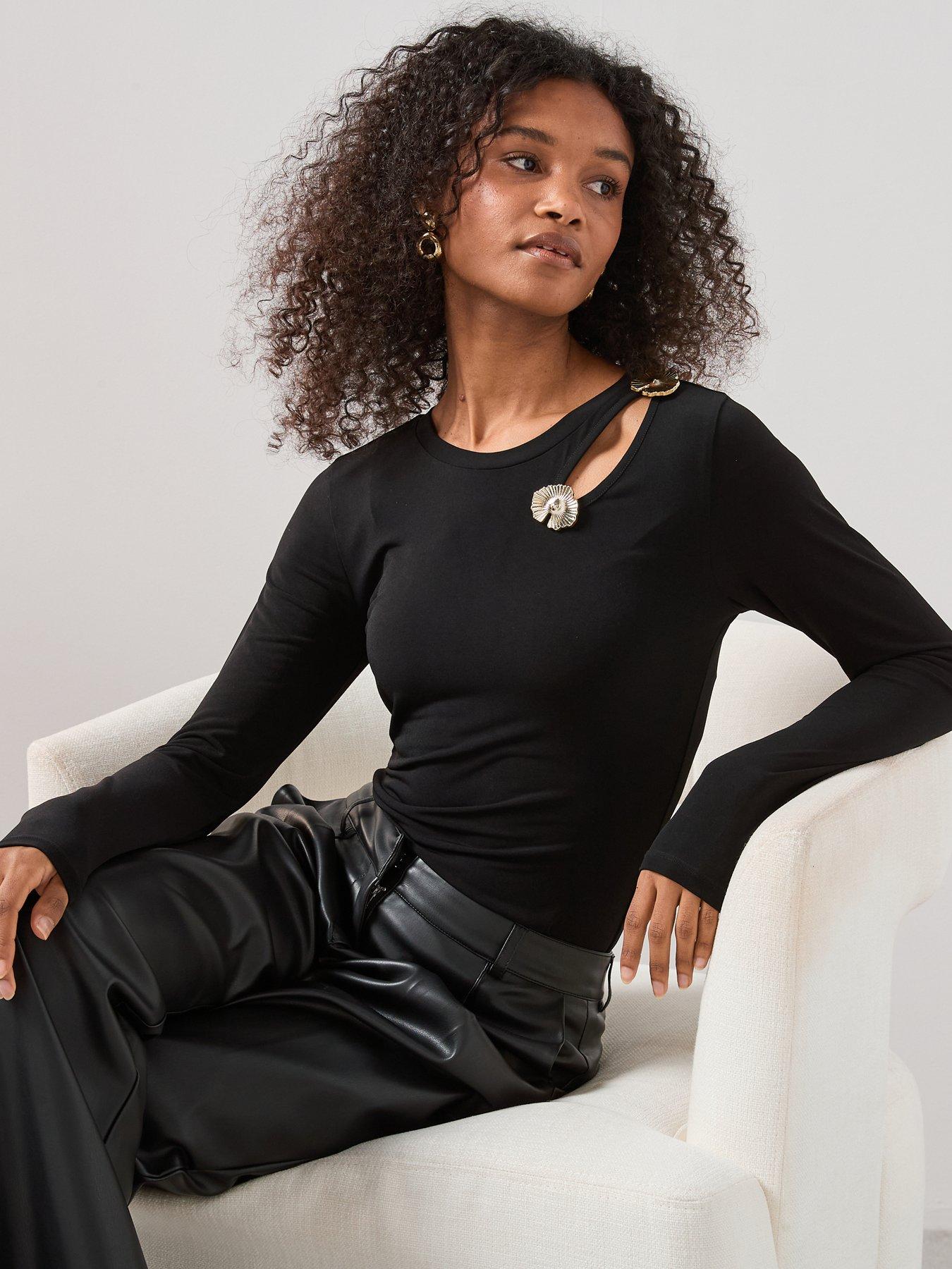  image of the-very-collection-trim-detail-cut-out-long-sleeve-top-black