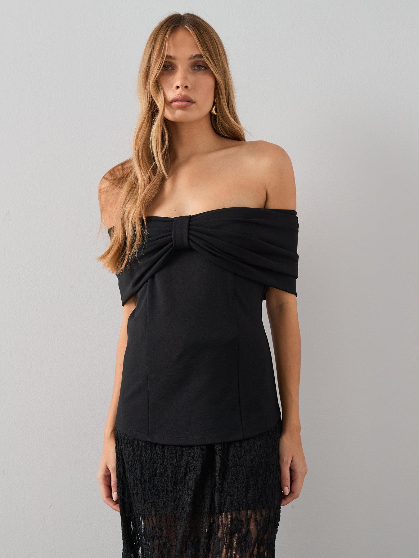  image of the-very-collection-bardot-bow-fitted-top-black