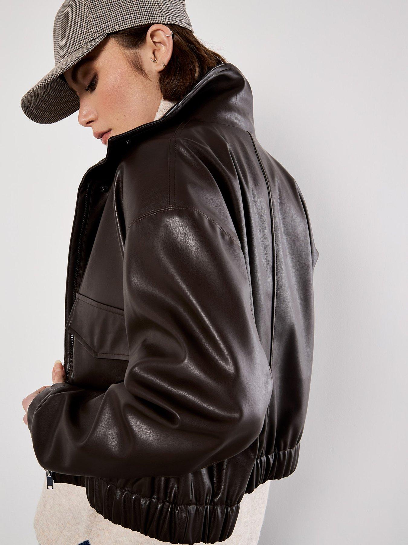 Image 2 of 5 of Apricot Faux Leather Bomber Jacket - Brown