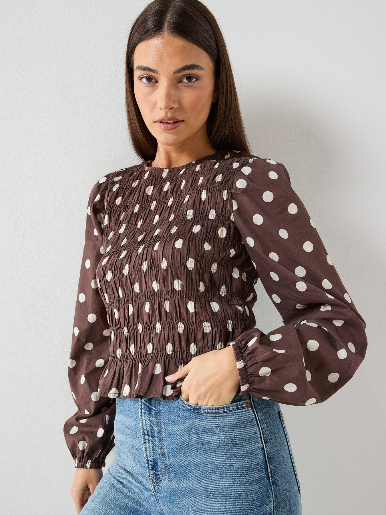  image of vero-moda-polka-dotnbsplong-sleeve-shirrednbsptop-brown