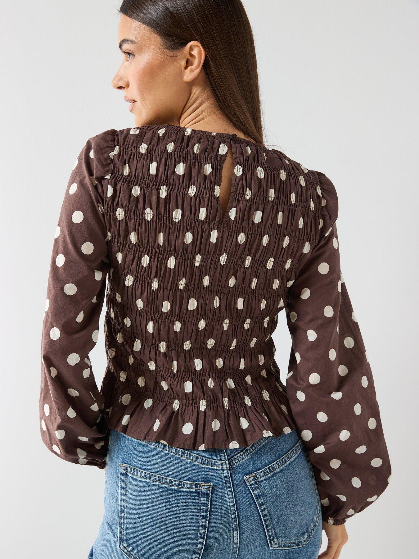  image of vero-moda-polka-dotnbsplong-sleeve-shirrednbsptop-brown