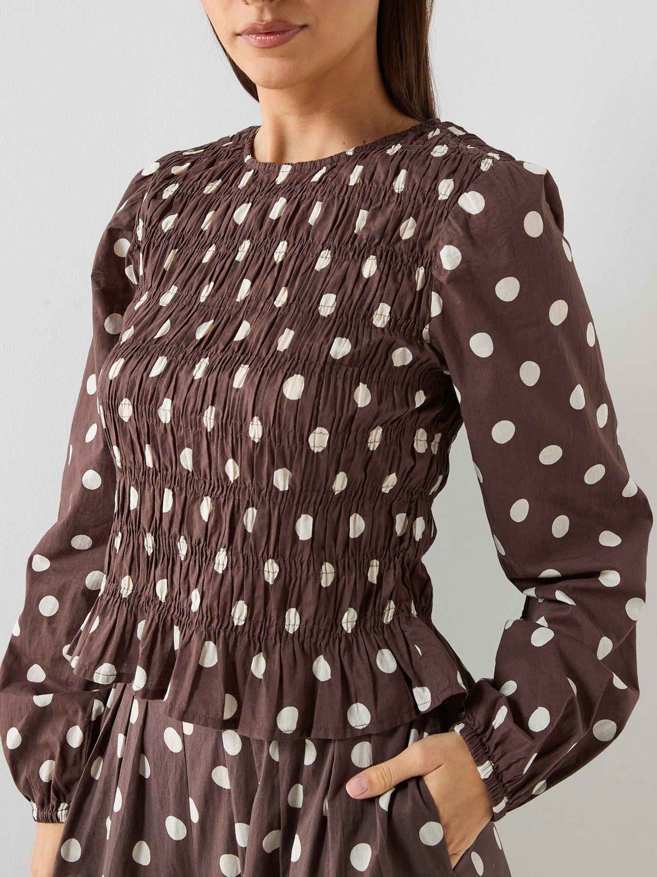  image of vero-moda-polka-dotnbsplong-sleeve-shirrednbsptop-brown