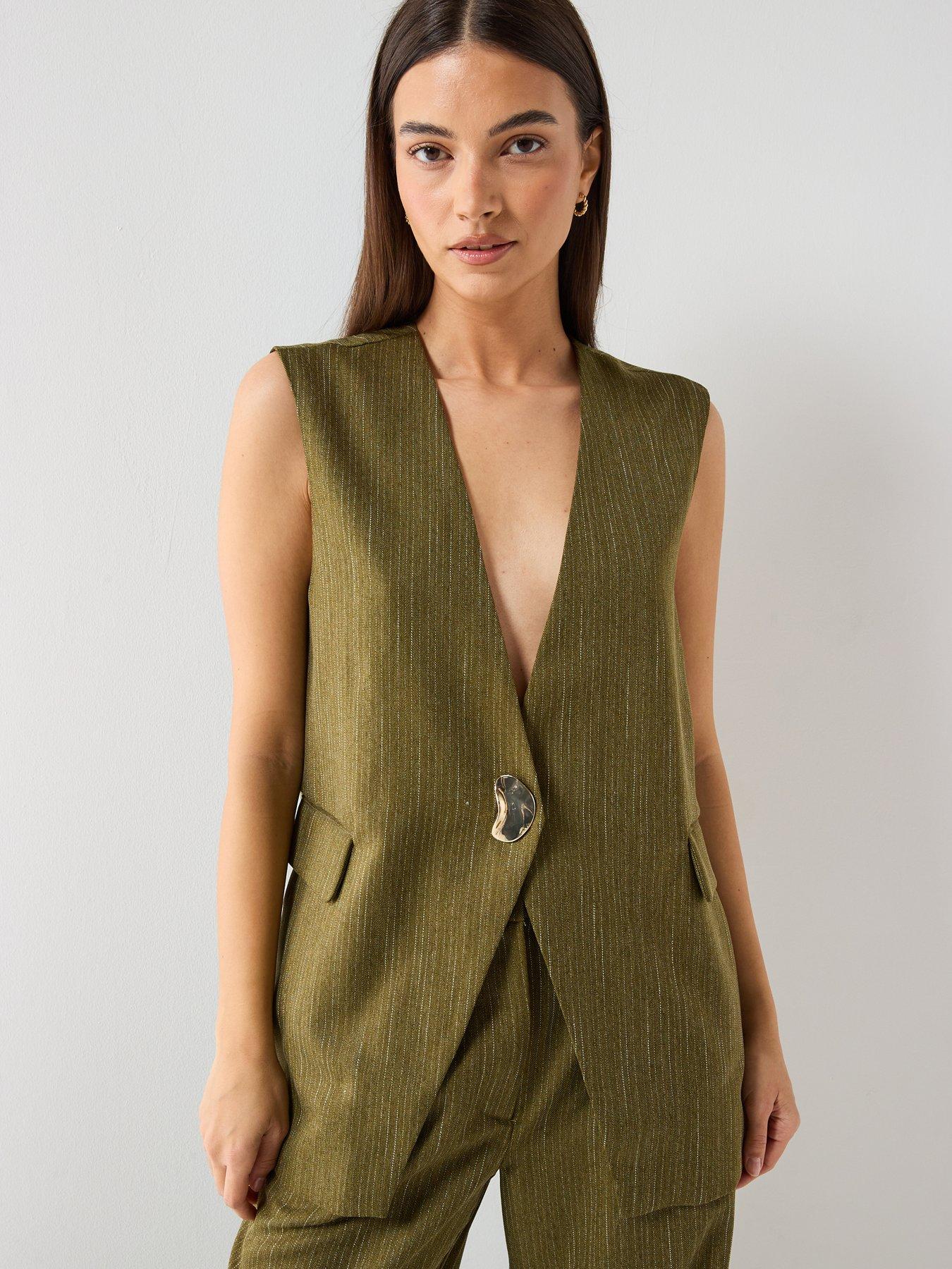 front image of vero-moda-tailored-longline-waistcoat-green