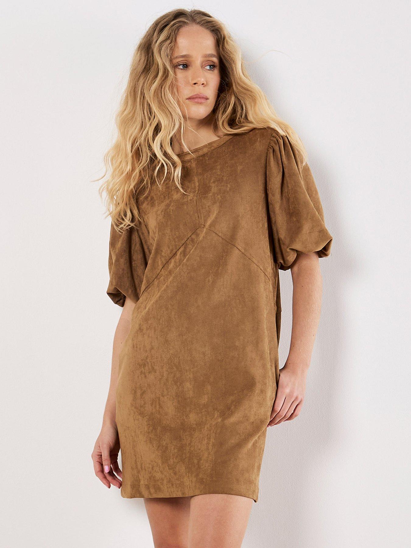 Apricot Suede Mini Puff Sleeve Dress - Brown