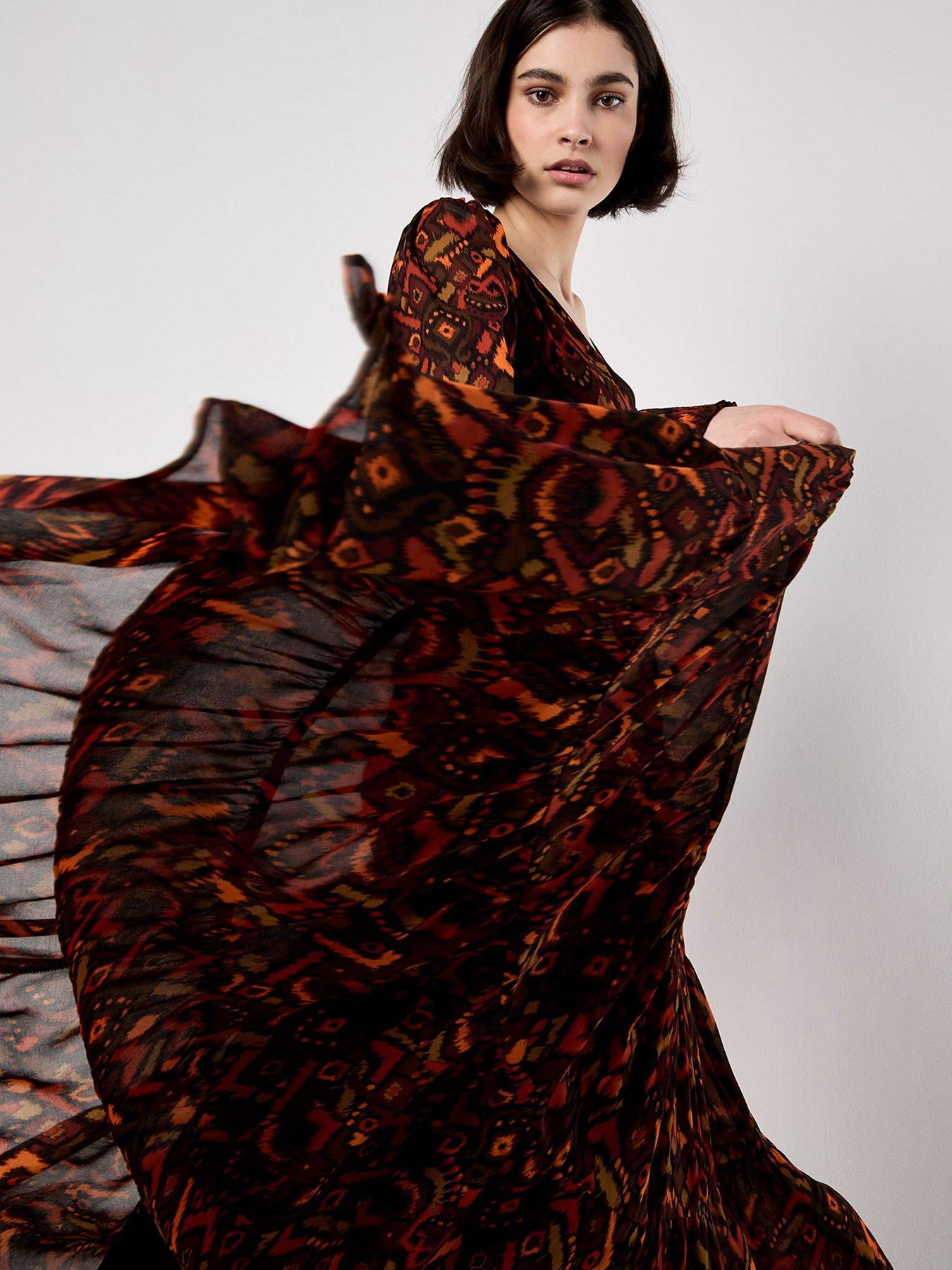 Image 3 of 5 of Apricot Textured Ikat Tiered Maxi Dress - Red