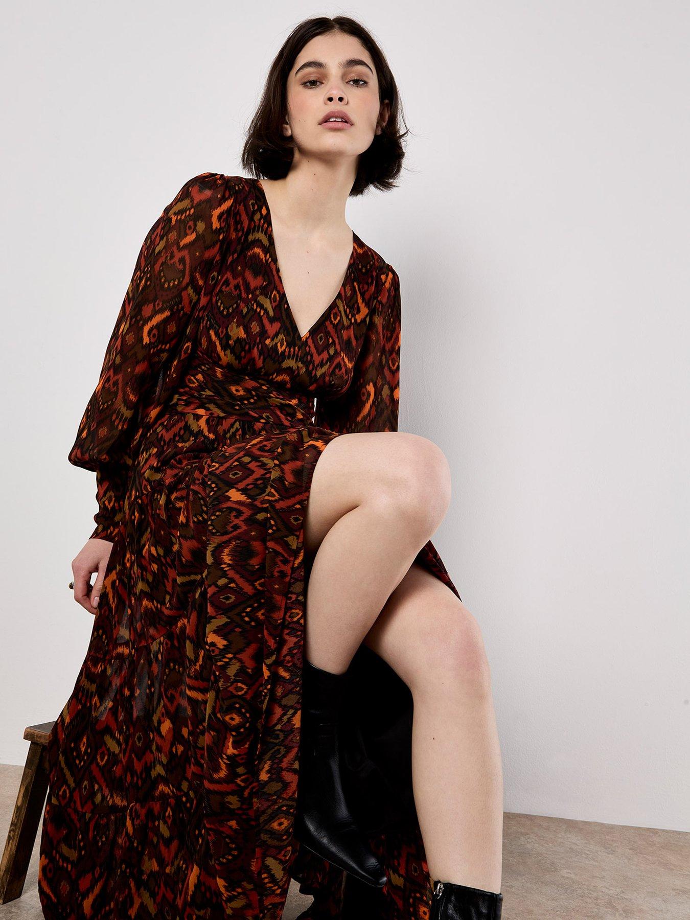 Image 4 of 5 of Apricot Textured Ikat Tiered Maxi Dress - Red