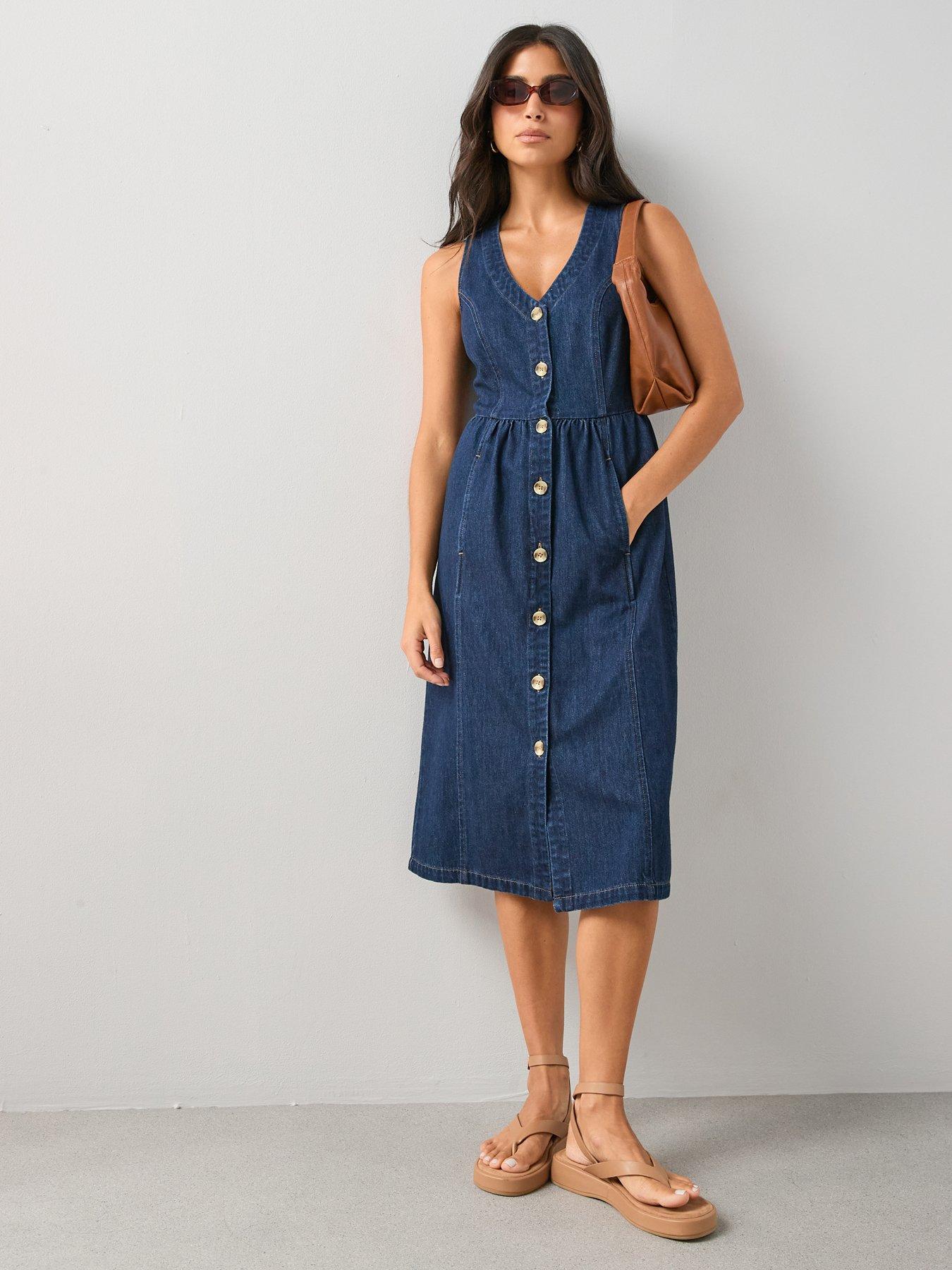 The Very Collection Sleeveless Button Through Denim Midi Dress - Dark Wash