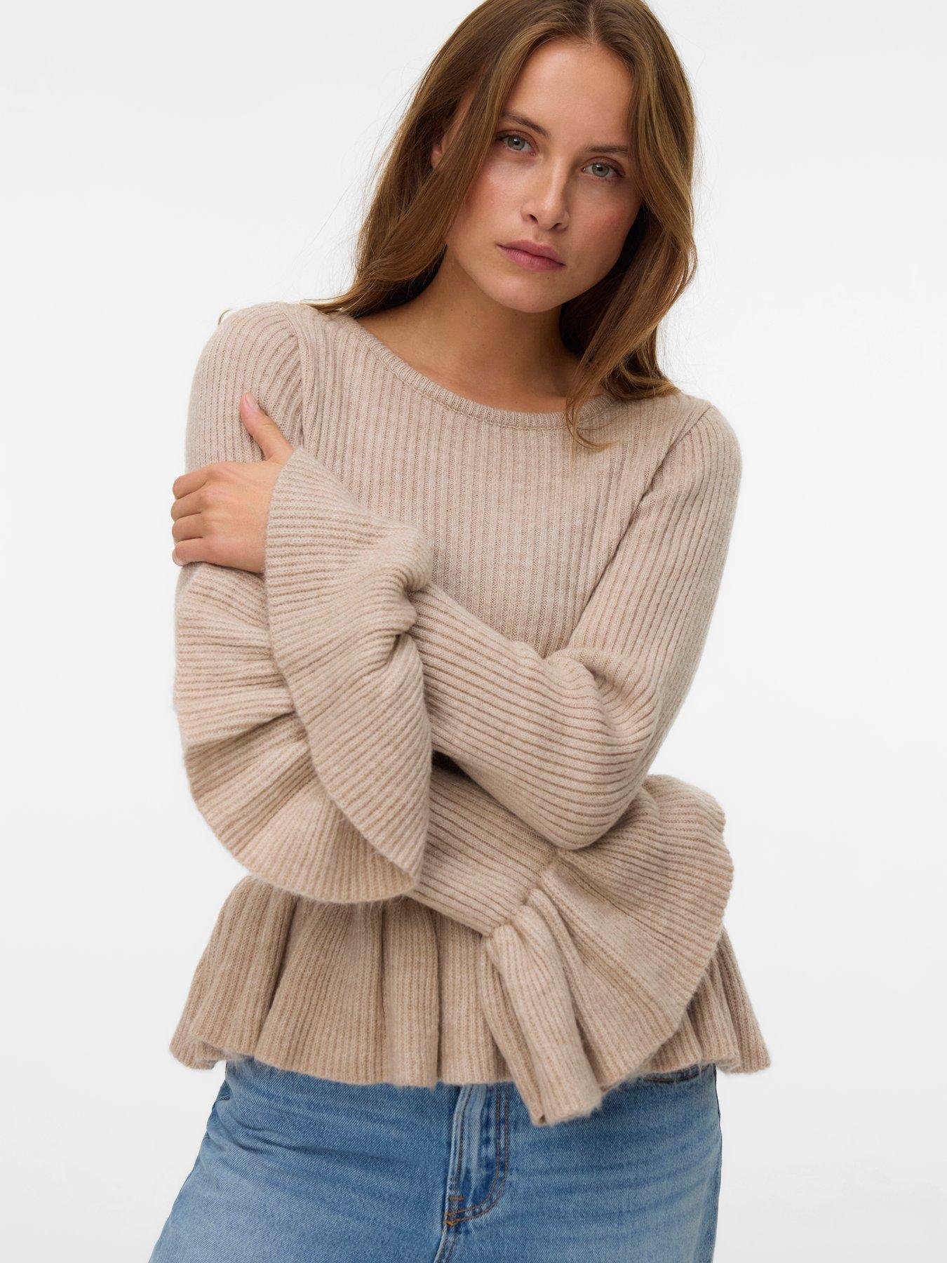 Vero Moda Georgia Long Flared Ruffle Sleeve Knitted Top - Beige