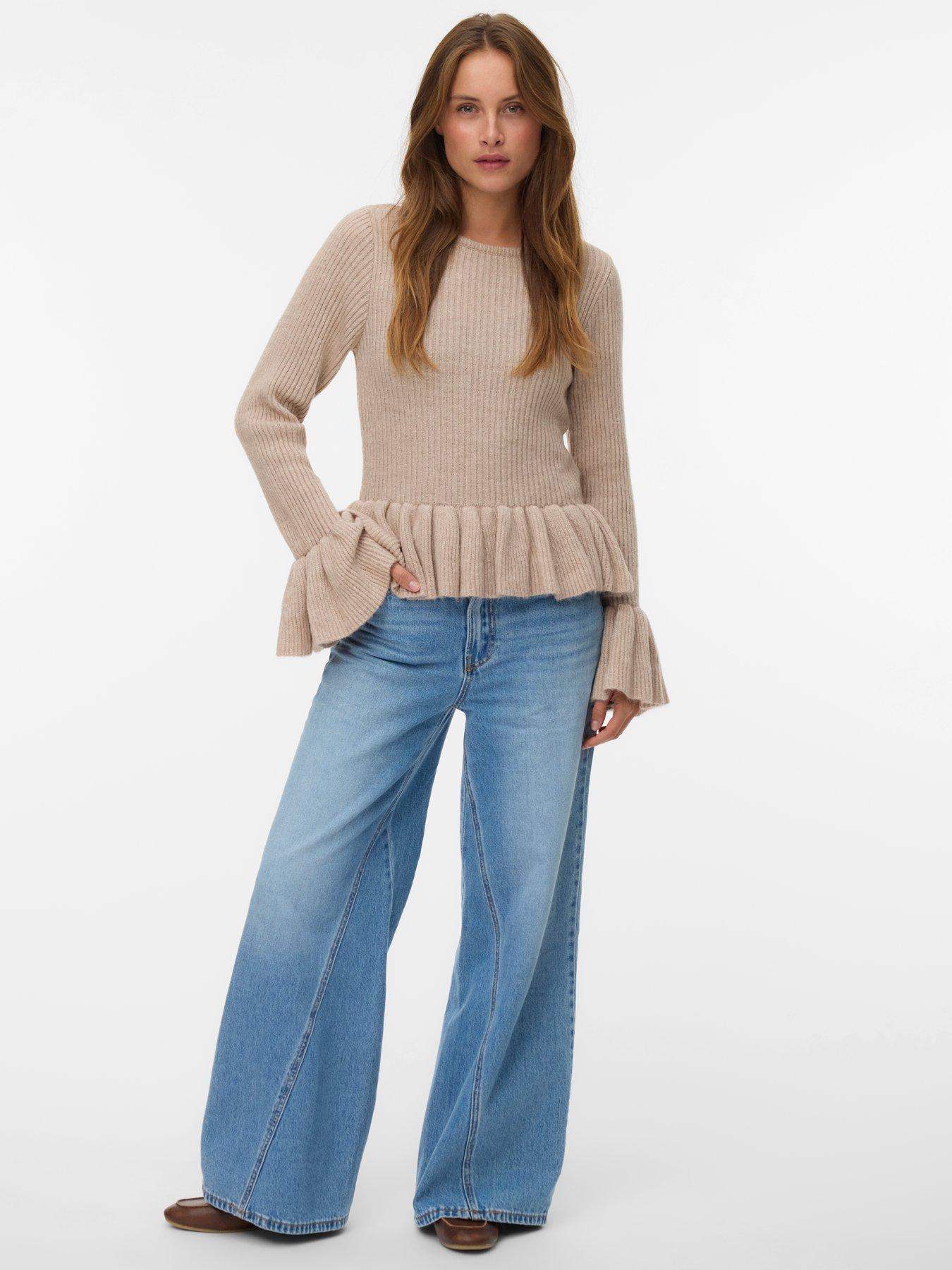  image of vero-moda-georgia-long-flared-ruffle-sleeve-knitted-top-beige