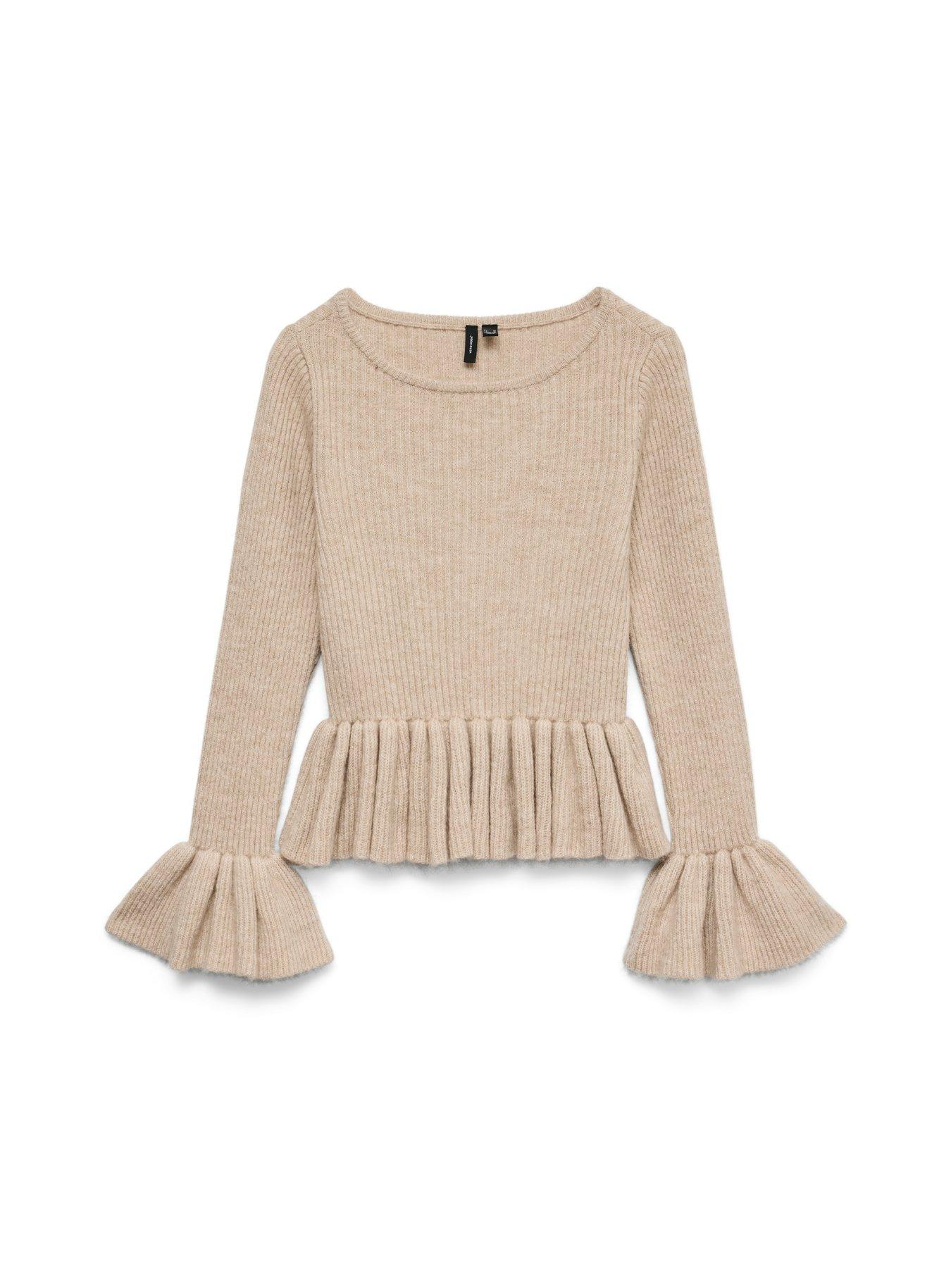  image of vero-moda-georgia-long-flared-ruffle-sleeve-knitted-top-beige