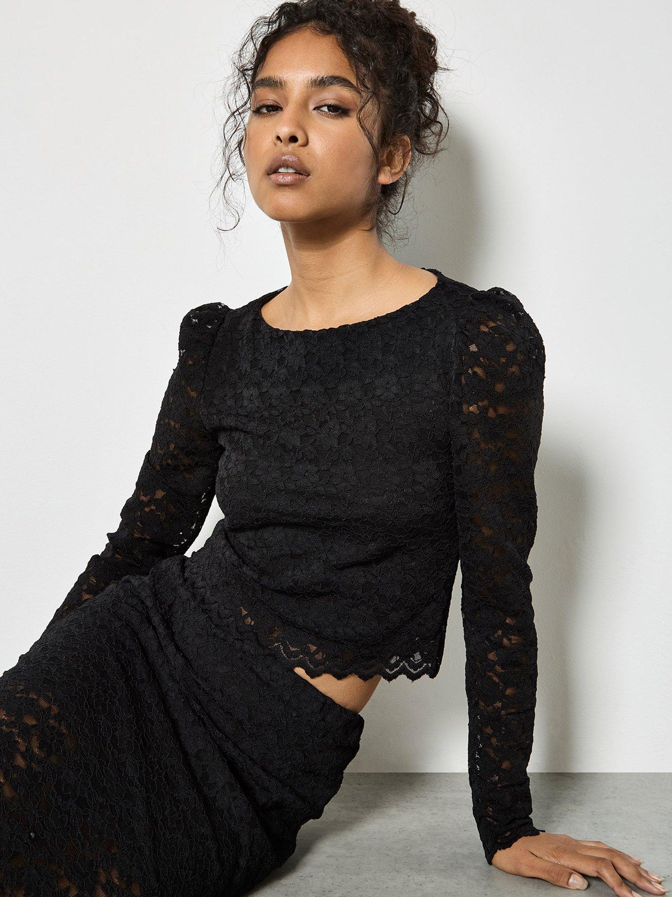 Image 4 of 4 of Apricot Leaf Corded Lace Midi Skirt - Black