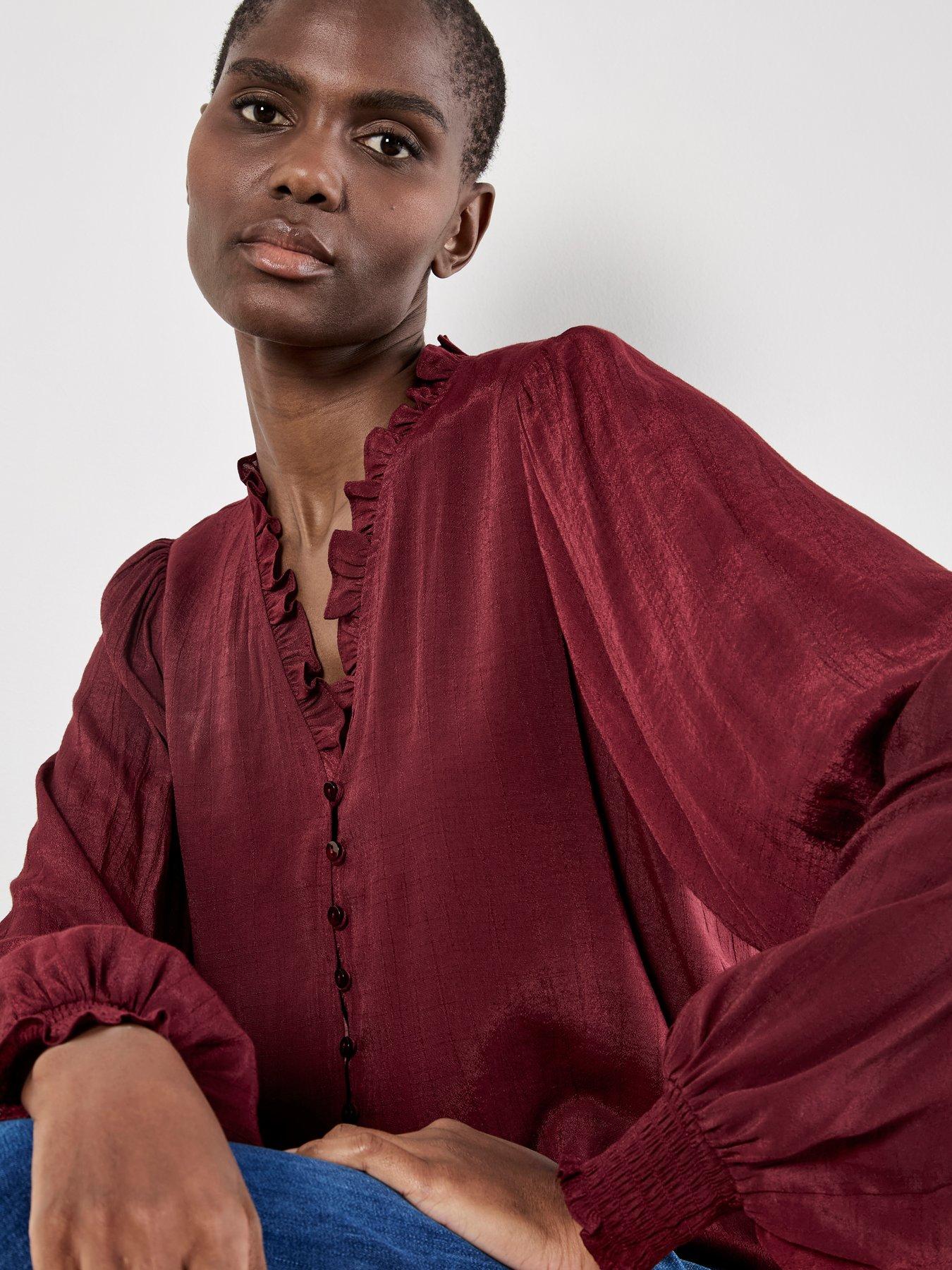 Apricot Ruffle Smock Cuff Boho Blouse - Red