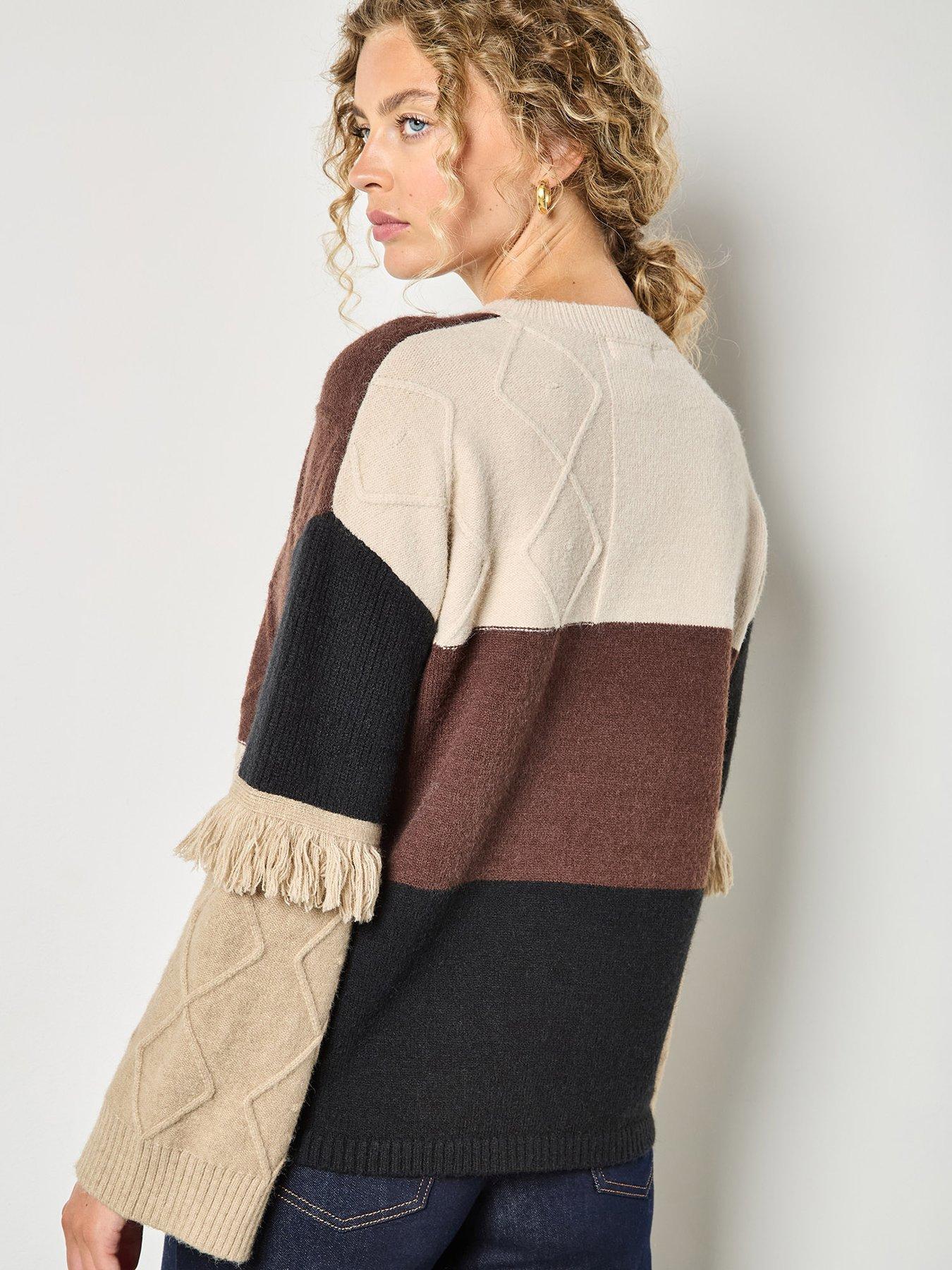 Apricot Mixed Cable Patchwork Fringe Jumper - Brown