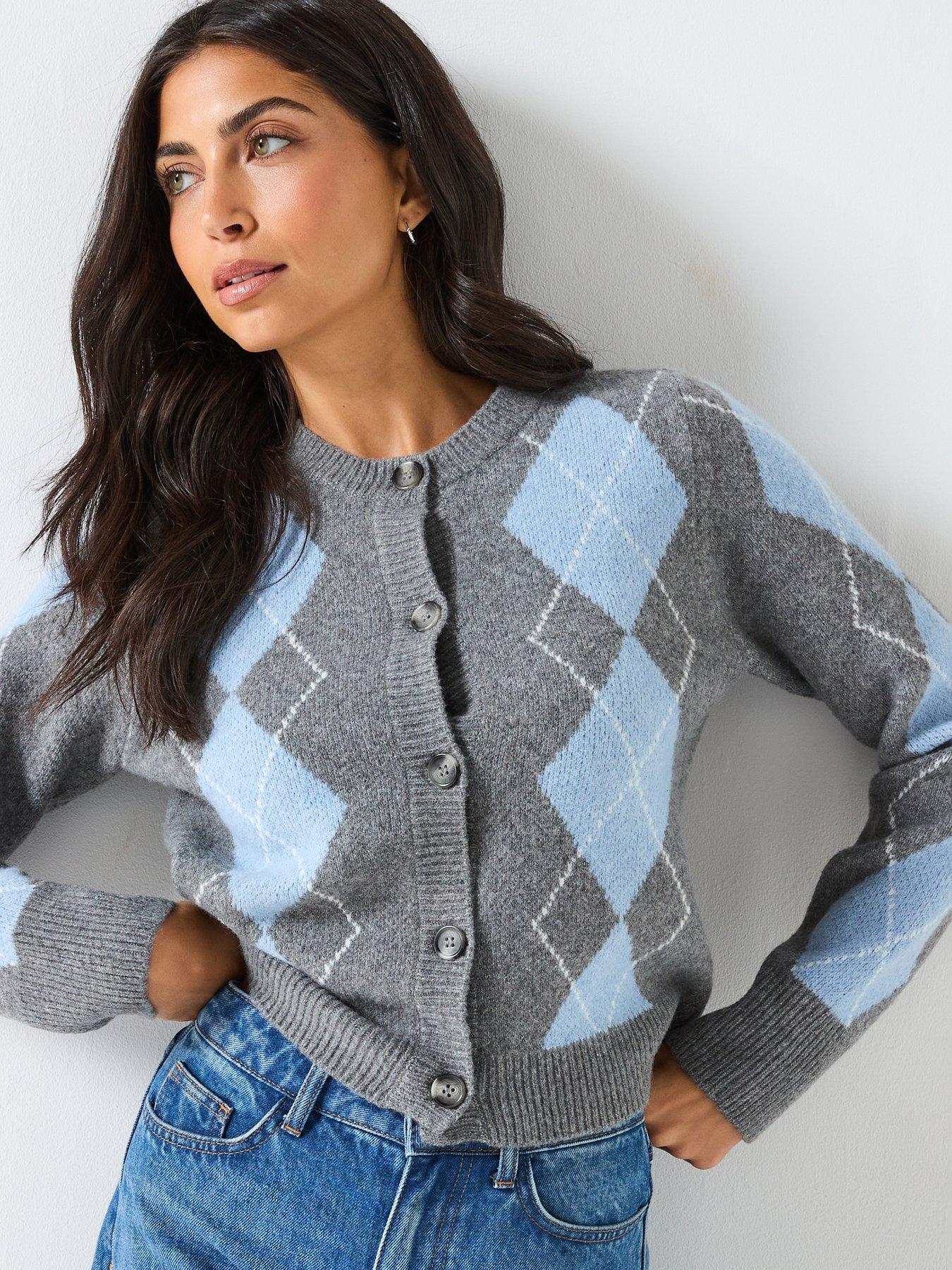 only-argyle-long-sleeve-button-cardigan-grey