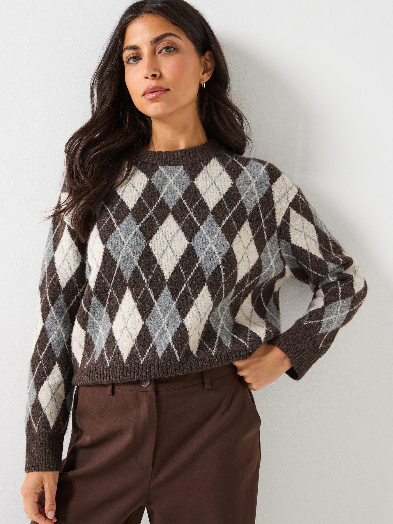Only Argyle Long Sleeve Pullover - Grey