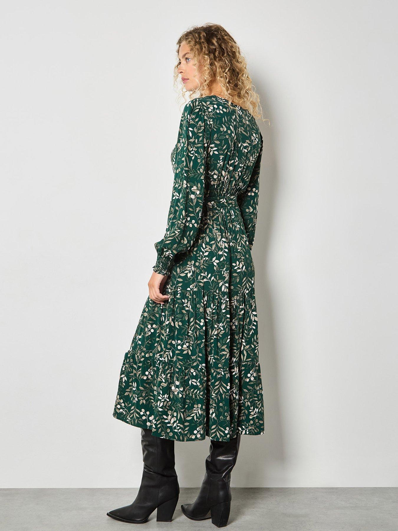  image of apricot-eucalyptus-print-maxi-tier-dress-green