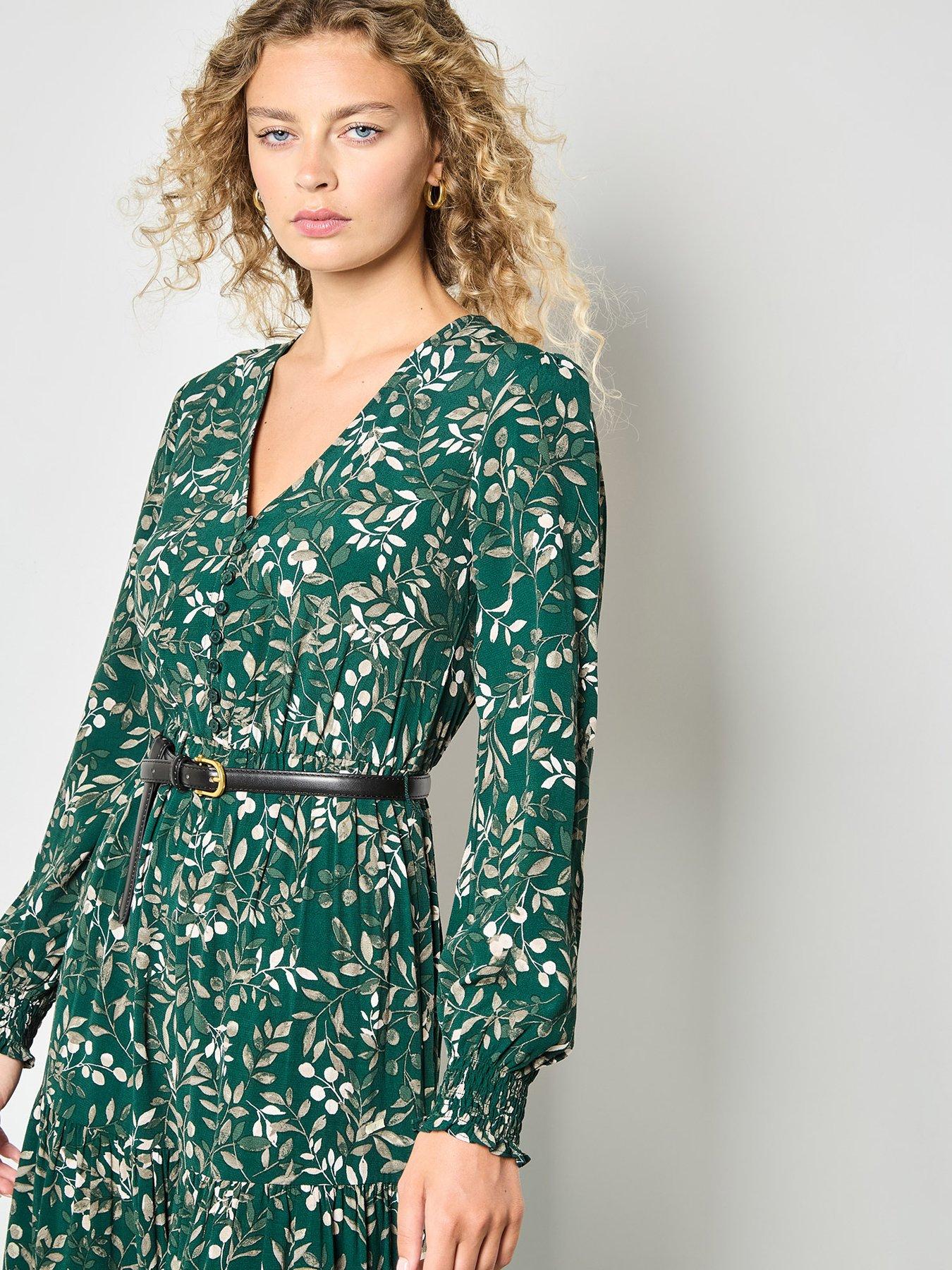  image of apricot-eucalyptus-print-maxi-tier-dress-green