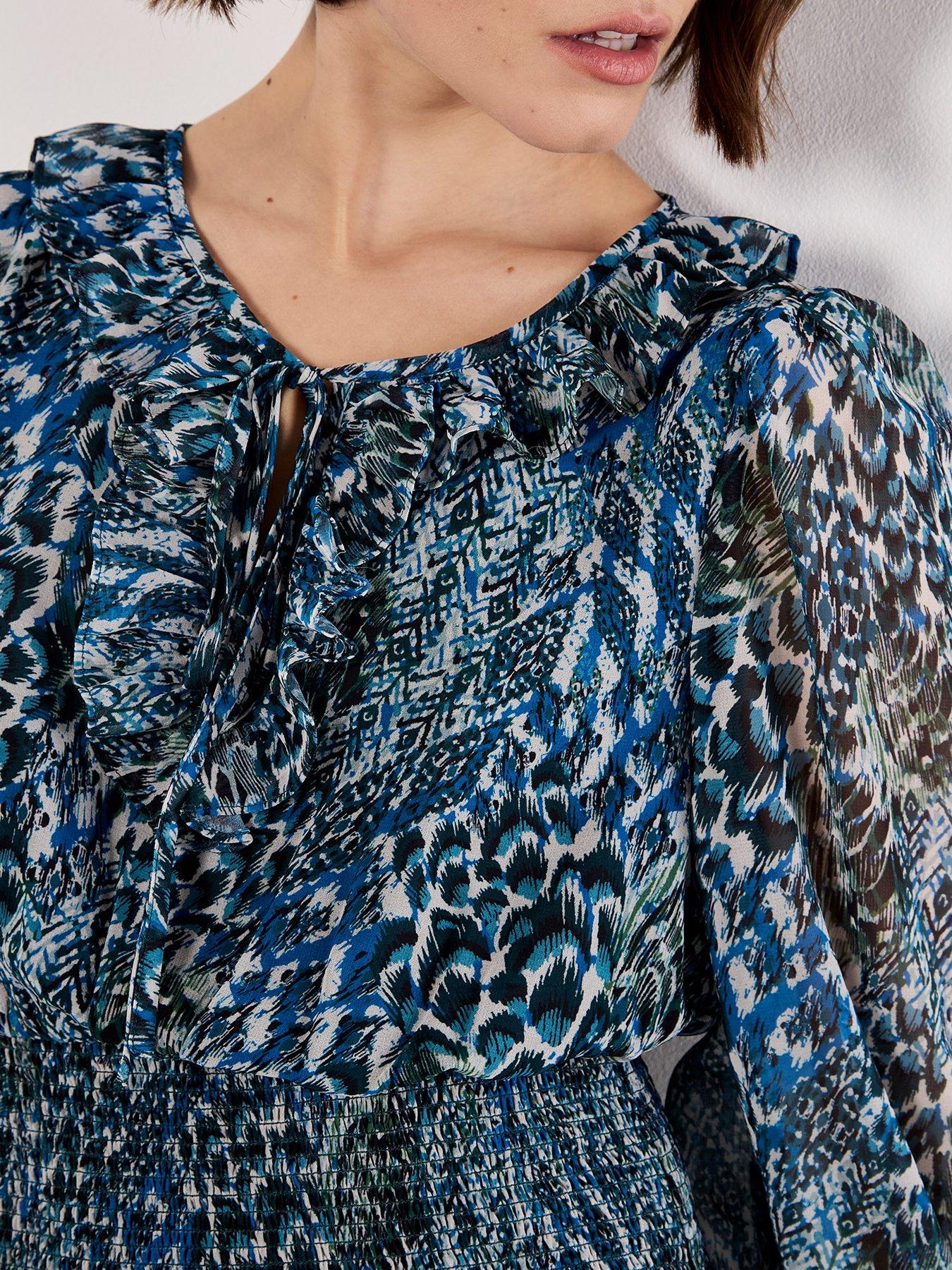 Image 4 of 5 of Apricot Feather Patchwork Ruffle Dress - Multi