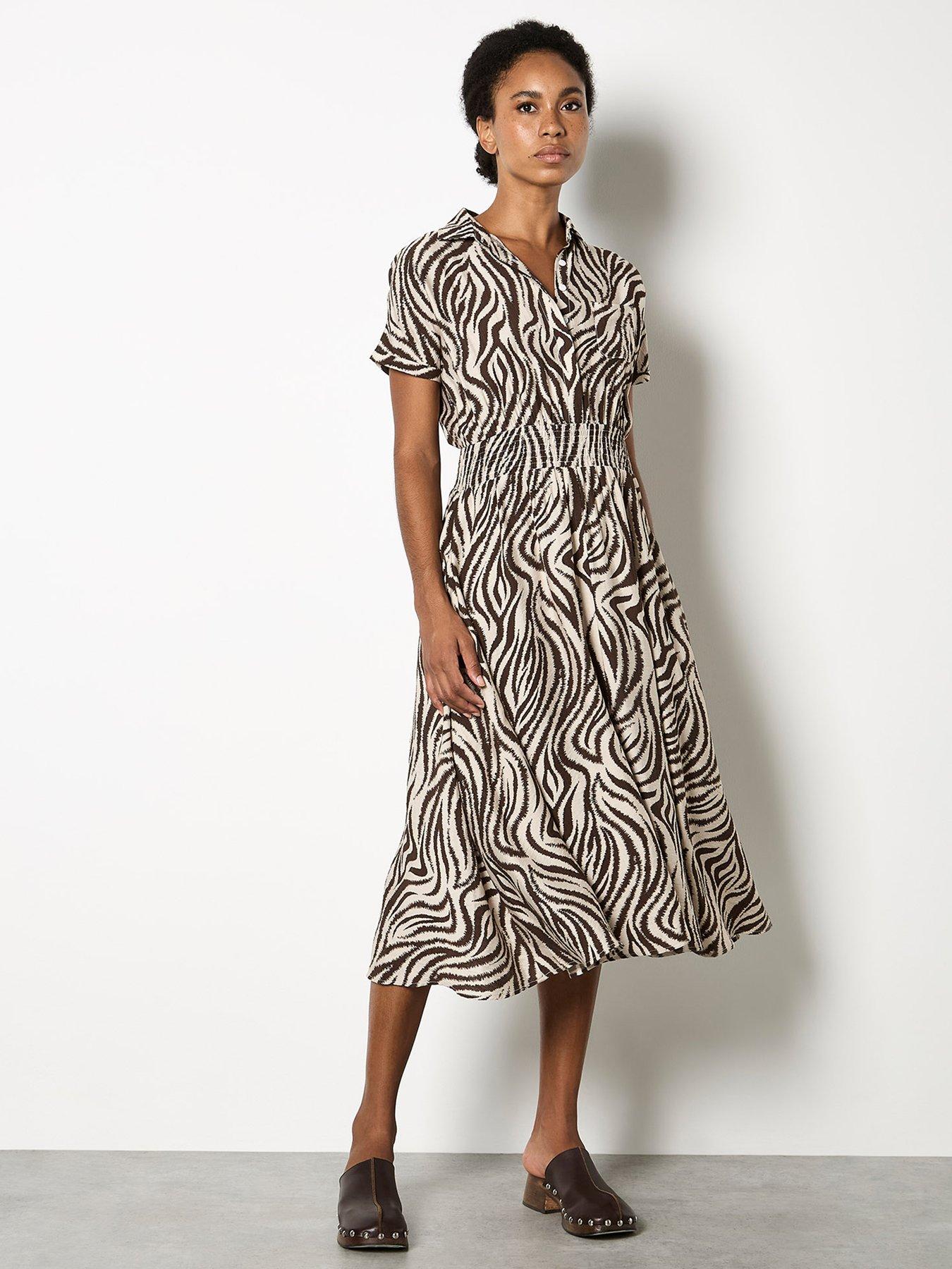 Image 1 of 4 of Apricot Ikat Zebra Midi Shirt Dress - Khaki