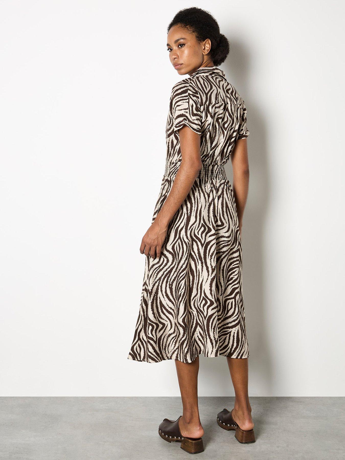 Image 2 of 4 of Apricot Ikat Zebra Midi Shirt Dress - Khaki