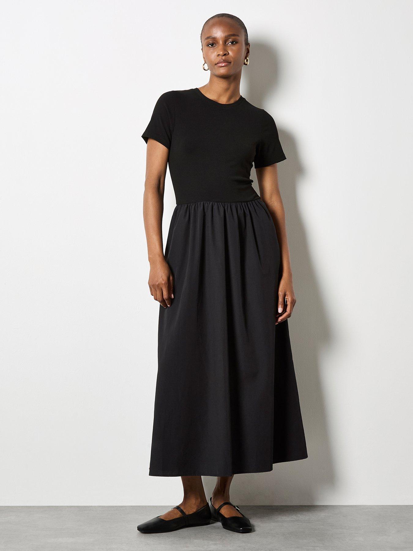 undefined Ribbed Top Poplin Skirt Midaxi Dress - Black