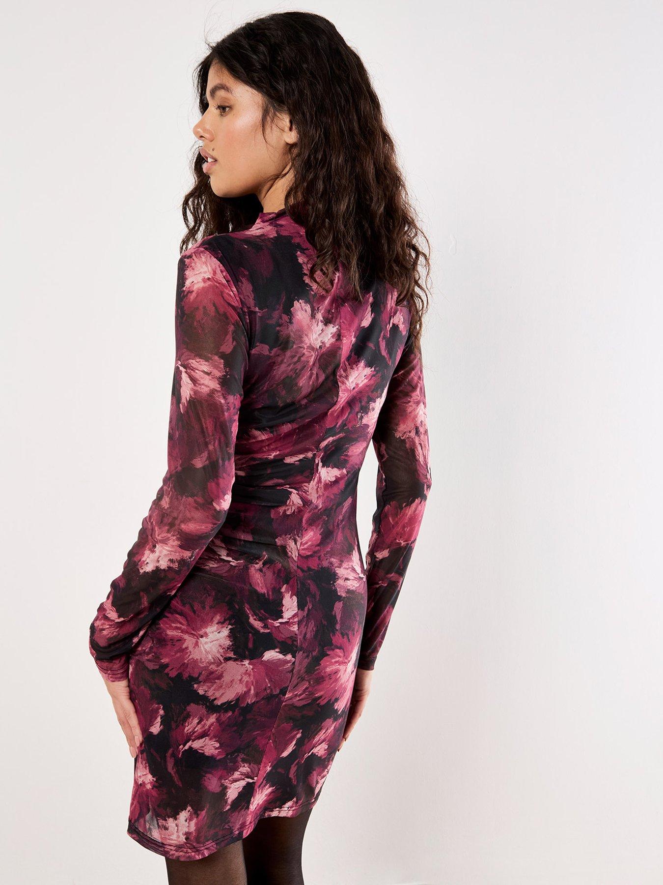Image 2 of 4 of Apricot Paintbrush Floral Mesh Midi Dress - Black