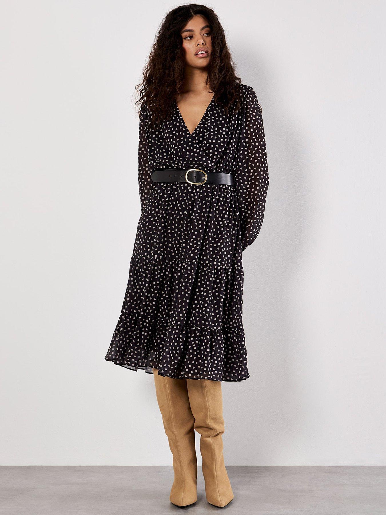 Image 1 of 5 of Apricot Polka Dot Chiffon Wrap Long Sleeve Dress - Black
