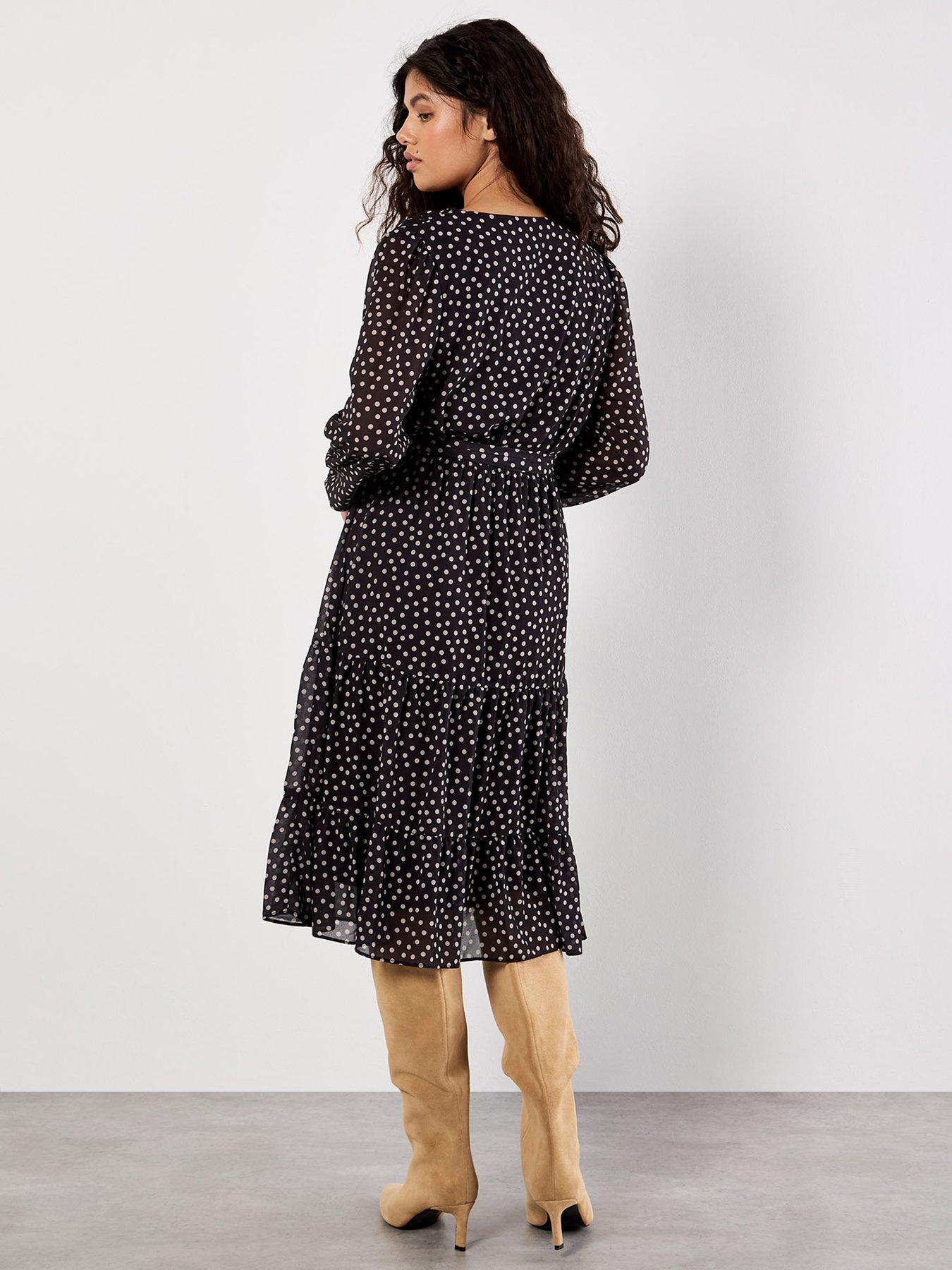 Image 2 of 5 of Apricot Polka Dot Chiffon Wrap Long Sleeve Dress - Black