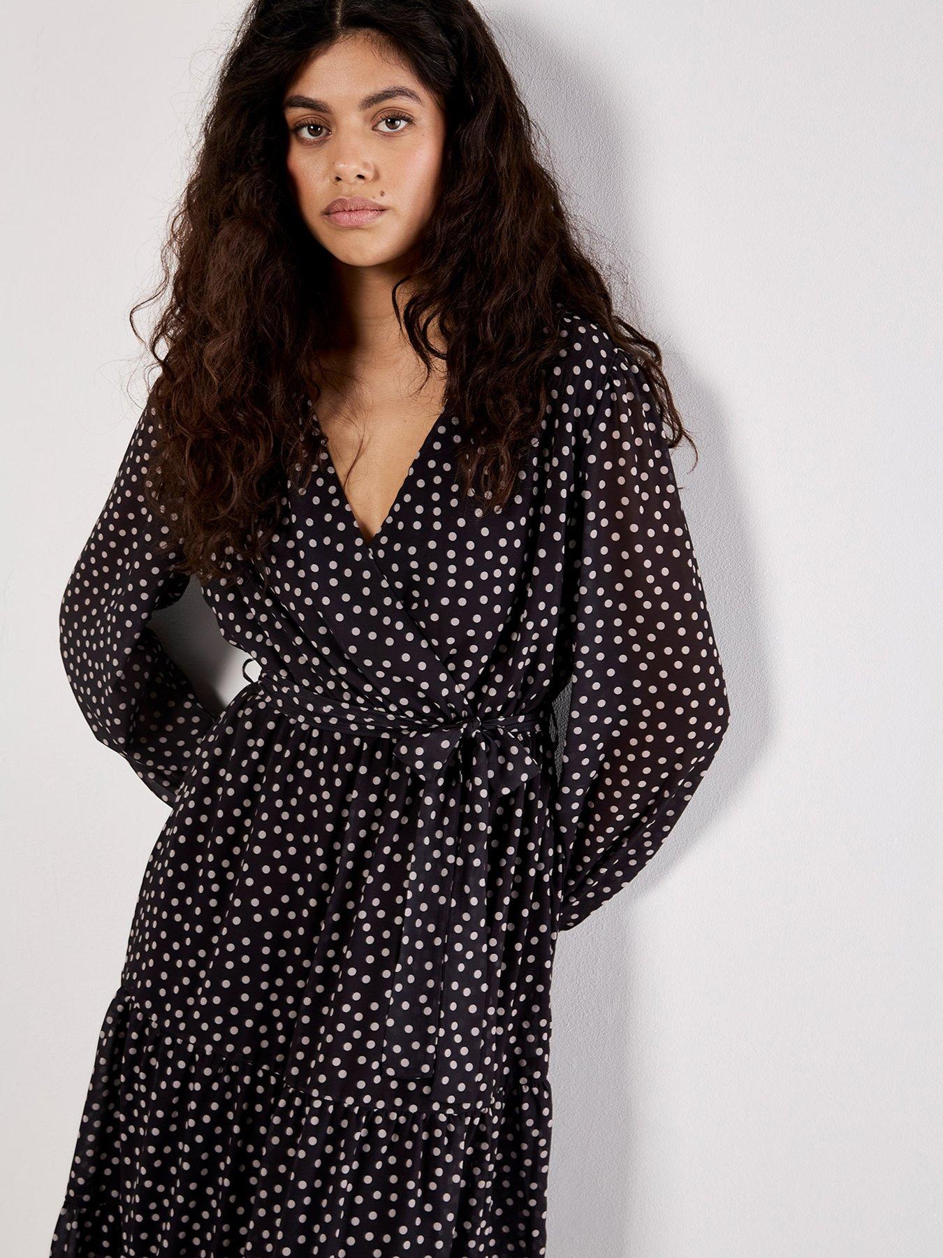 Image 4 of 5 of Apricot Polka Dot Chiffon Wrap Long Sleeve Dress - Black