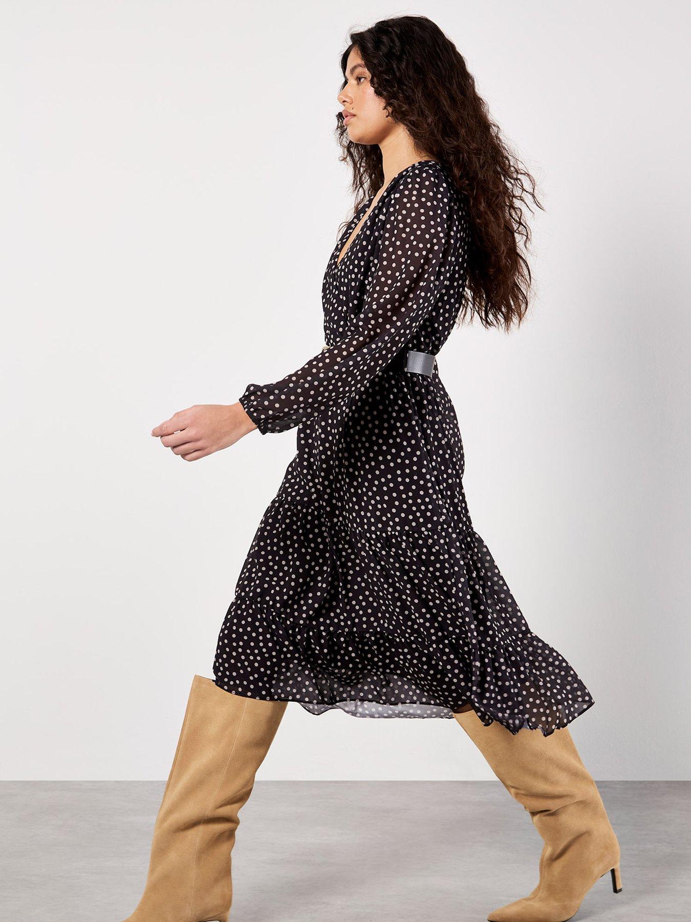 Image 5 of 5 of Apricot Polka Dot Chiffon Wrap Long Sleeve Dress - Black