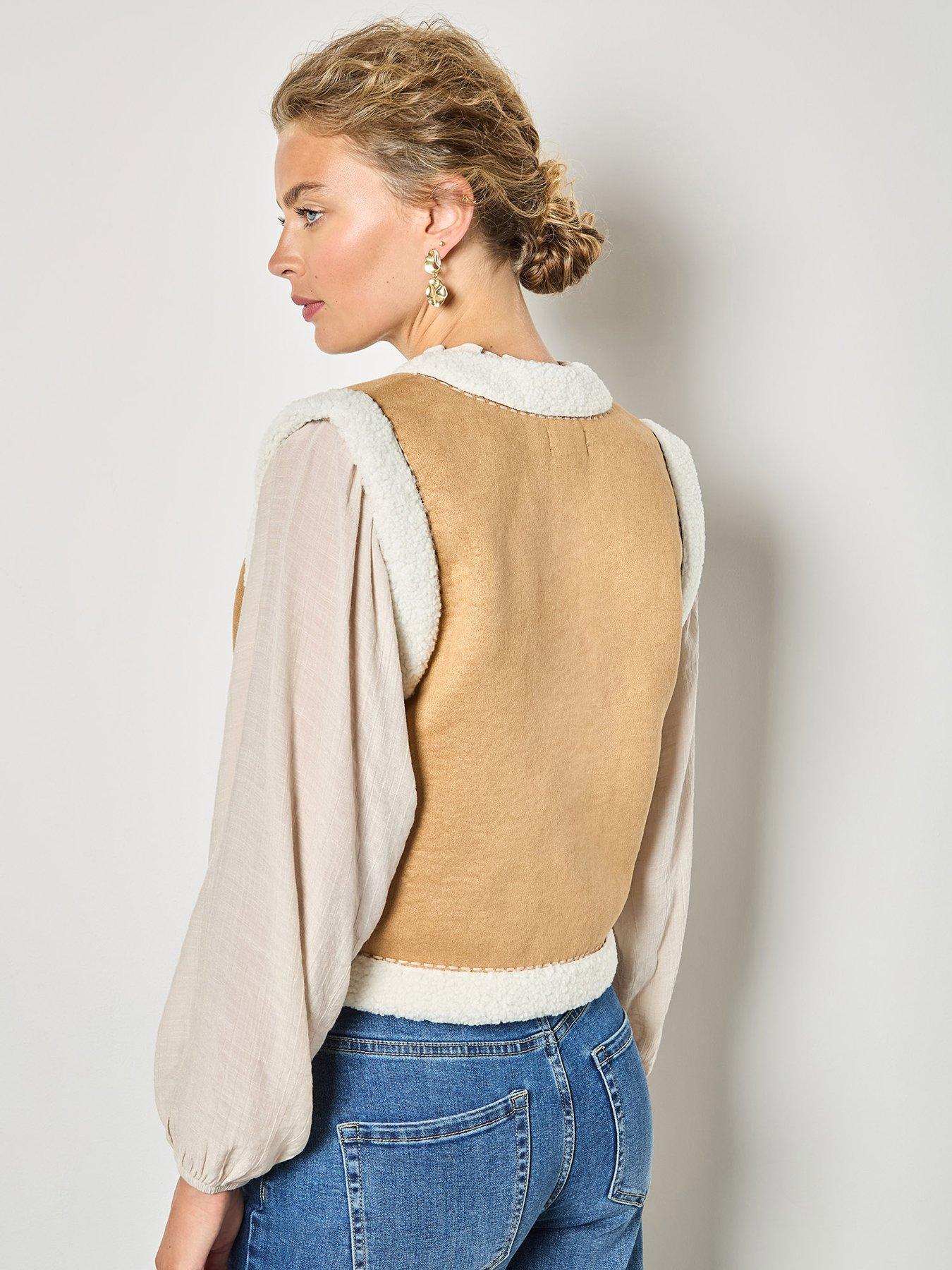  image of apricot-floral-suede-embroidered-teddy-gilet-brown