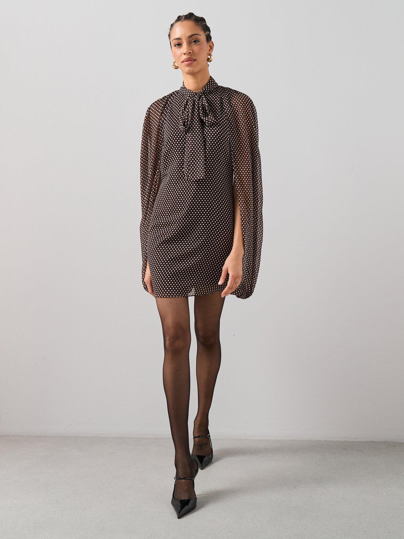 front image of the-very-collection-pussybow-cape-sleeve-mini-dress-print