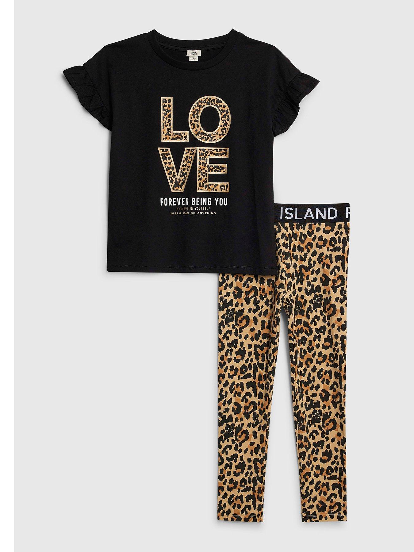 front image of river-island-older-girls-leopard-frill-legging-set-black