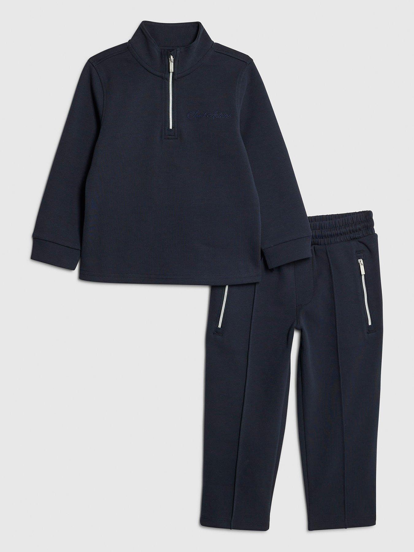 Image 1 of 5 of River Island Mini Boys Zip Funnel Sweatshirt Set - Navy
