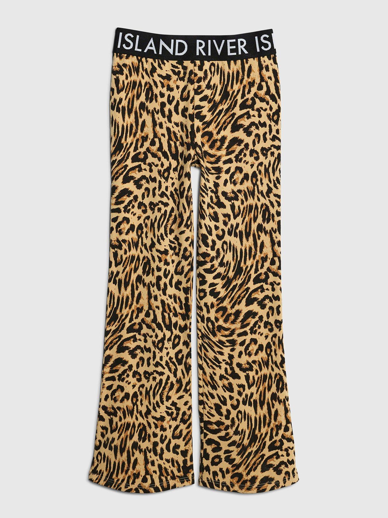 Image 1 of 4 of River Island Older Girls Leopard Waistband Kickflare Leggings - Beige