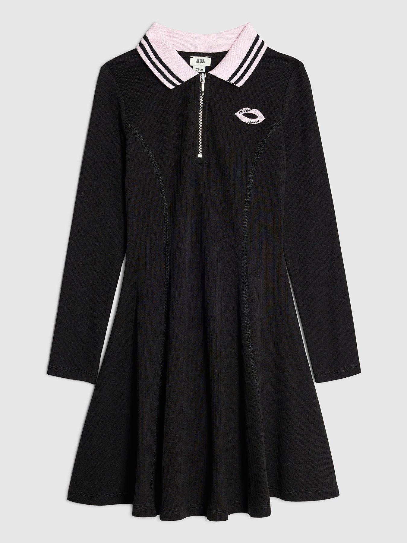  image of river-island-older-girls-long-sleeved-ribbed-zip-polo-dress-black