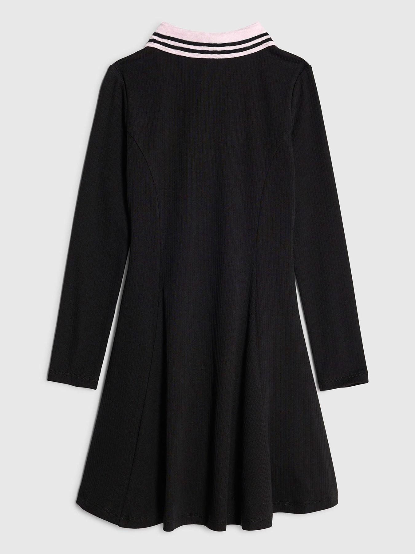 back image of river-island-older-girls-long-sleeved-ribbed-zip-polo-dress-black