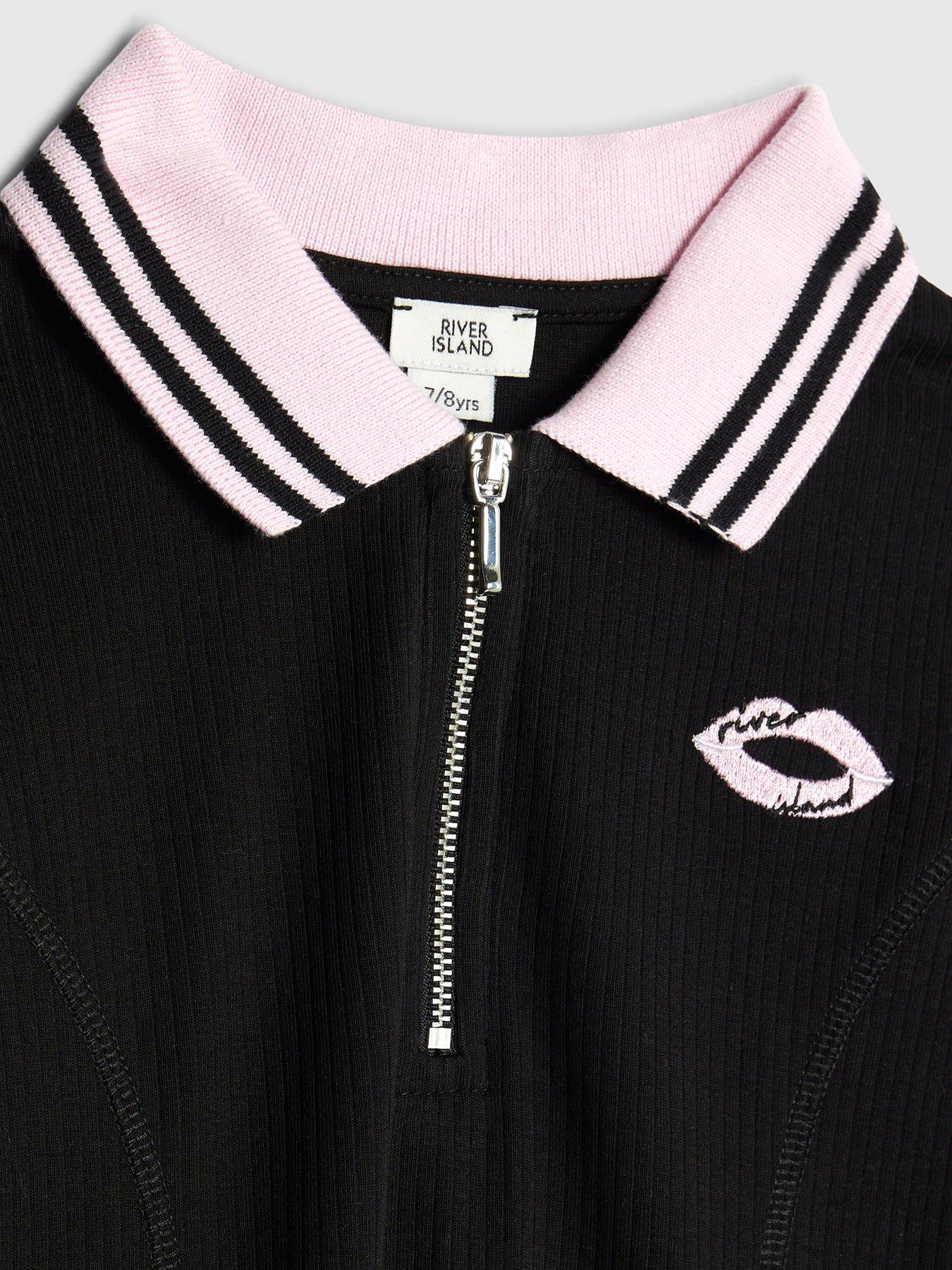  image of river-island-older-girls-long-sleeved-ribbed-zip-polo-dress-black