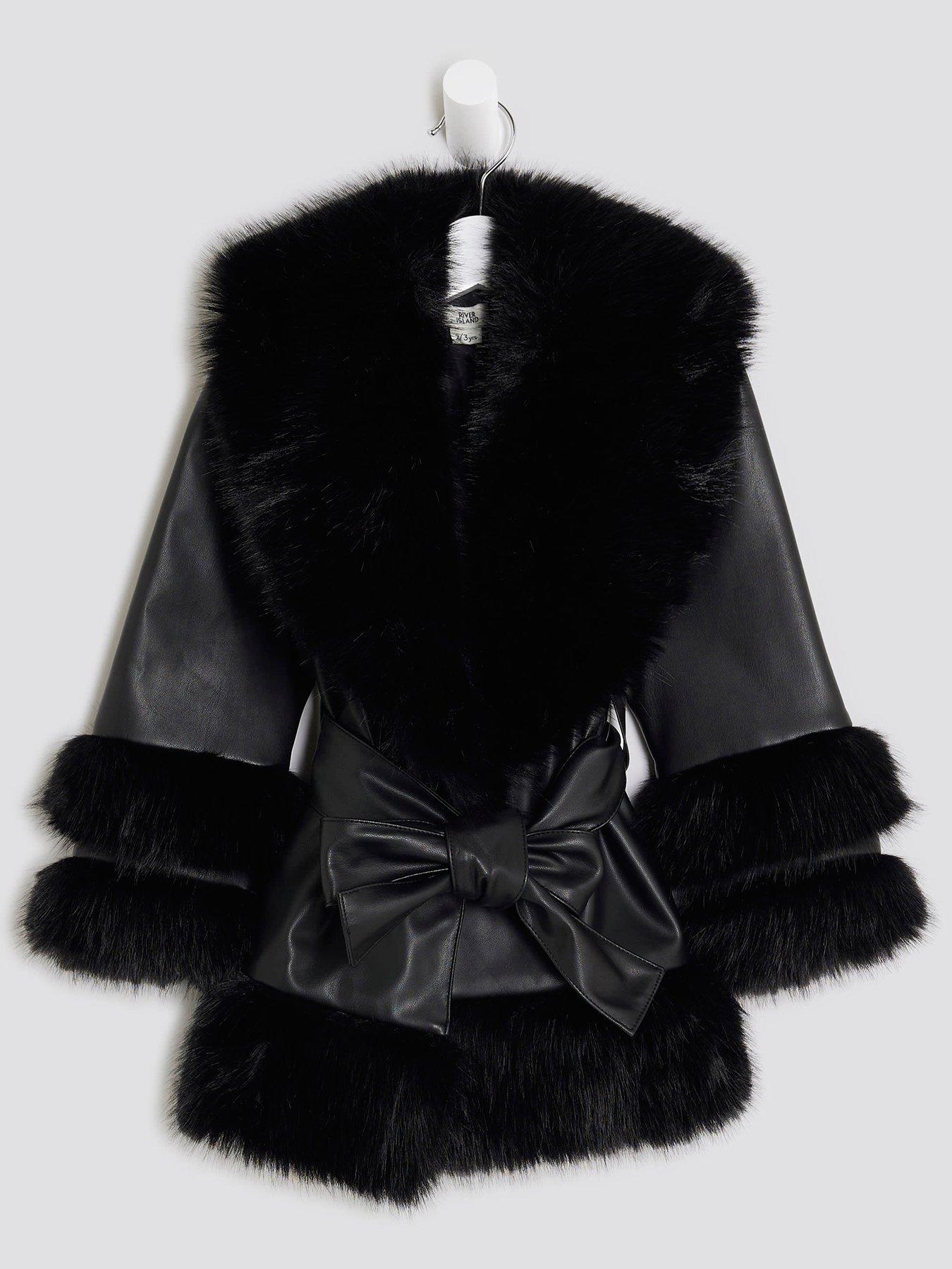 undefined Girls Pu Fur Wrap Coat - Black