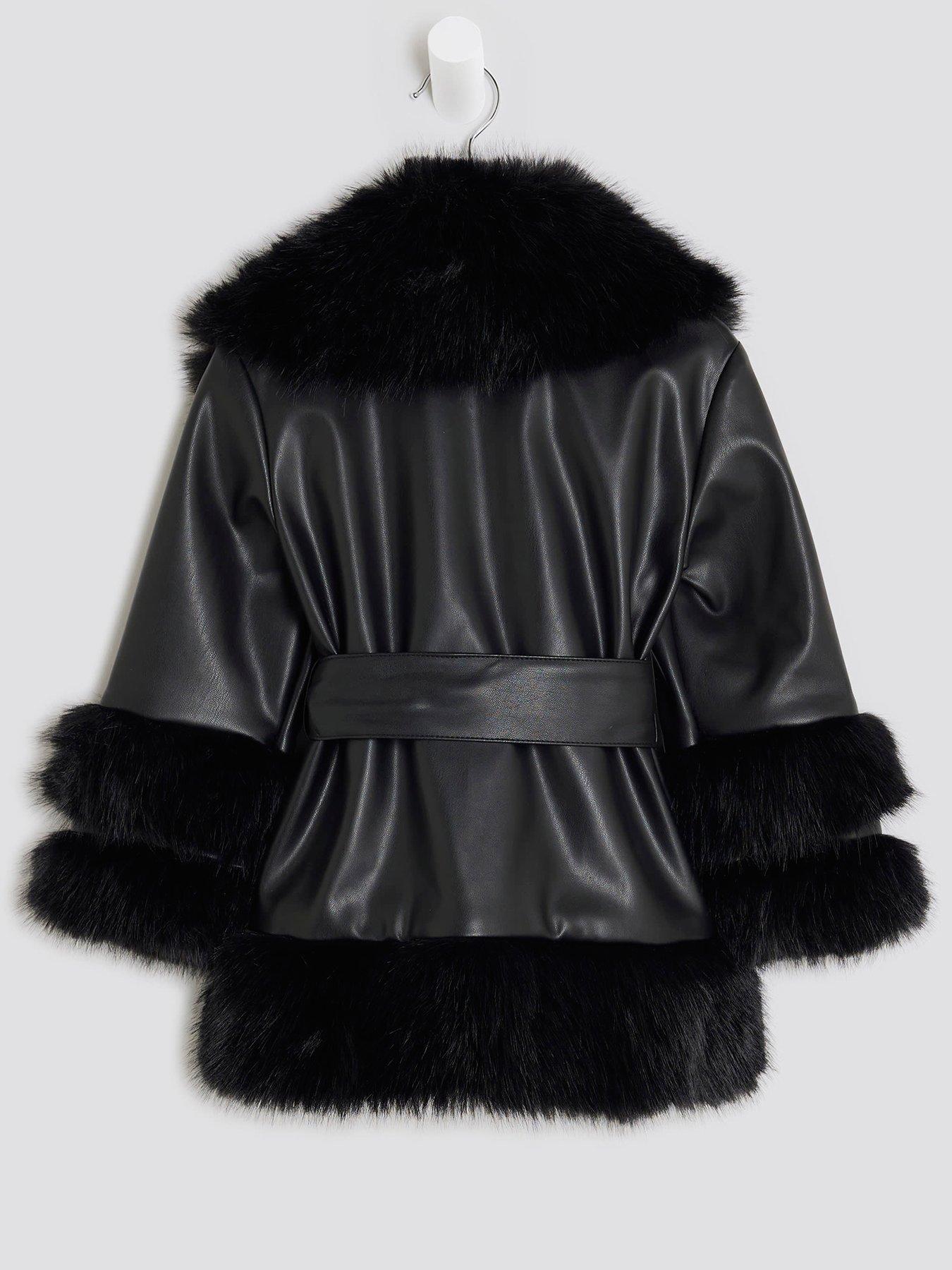 Image 2 of 4 of River Island Mini Girls Pu Fur Wrap Coat - Black