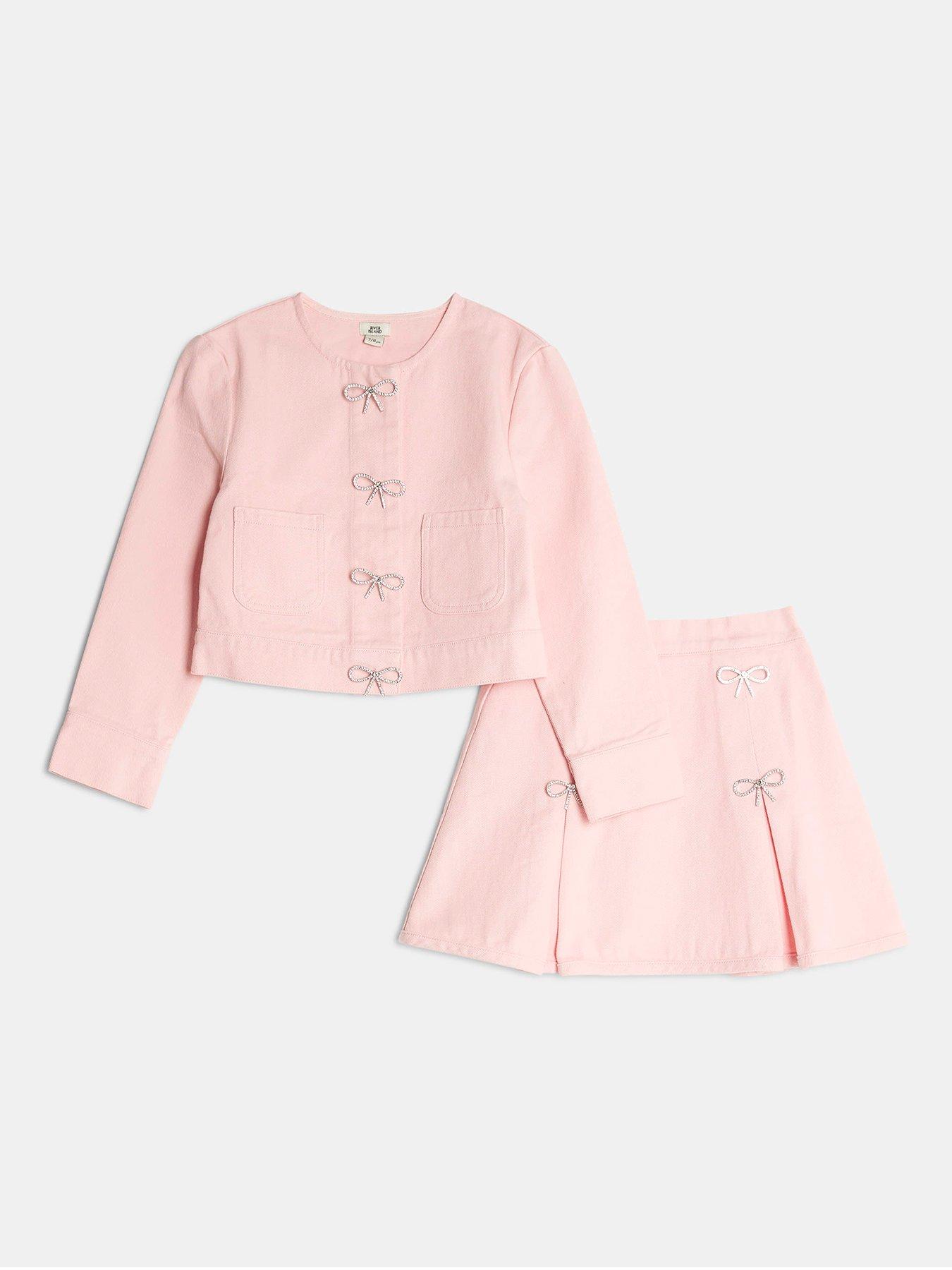 River Island Older Girls Denim Diamante Bow Skirt Set - Pink