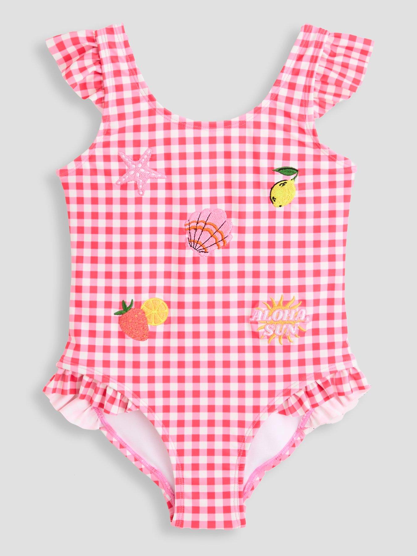 Image 1 of 5 of The Very Collection Gingham Crinkle Embroidered Swimsuit - Pink