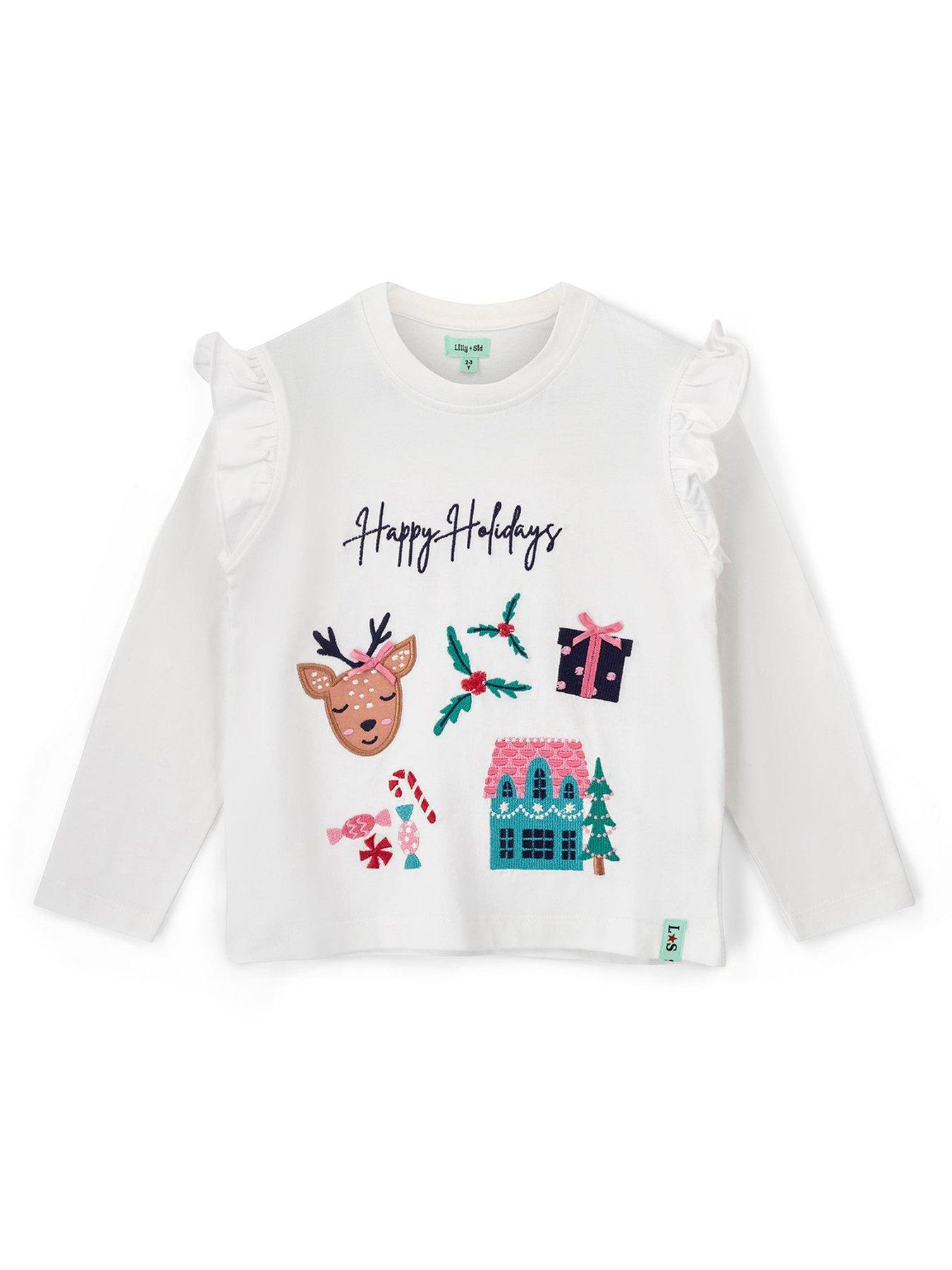 Lilly + Sid Girls Happy Holidays Christmas Applique Top - White