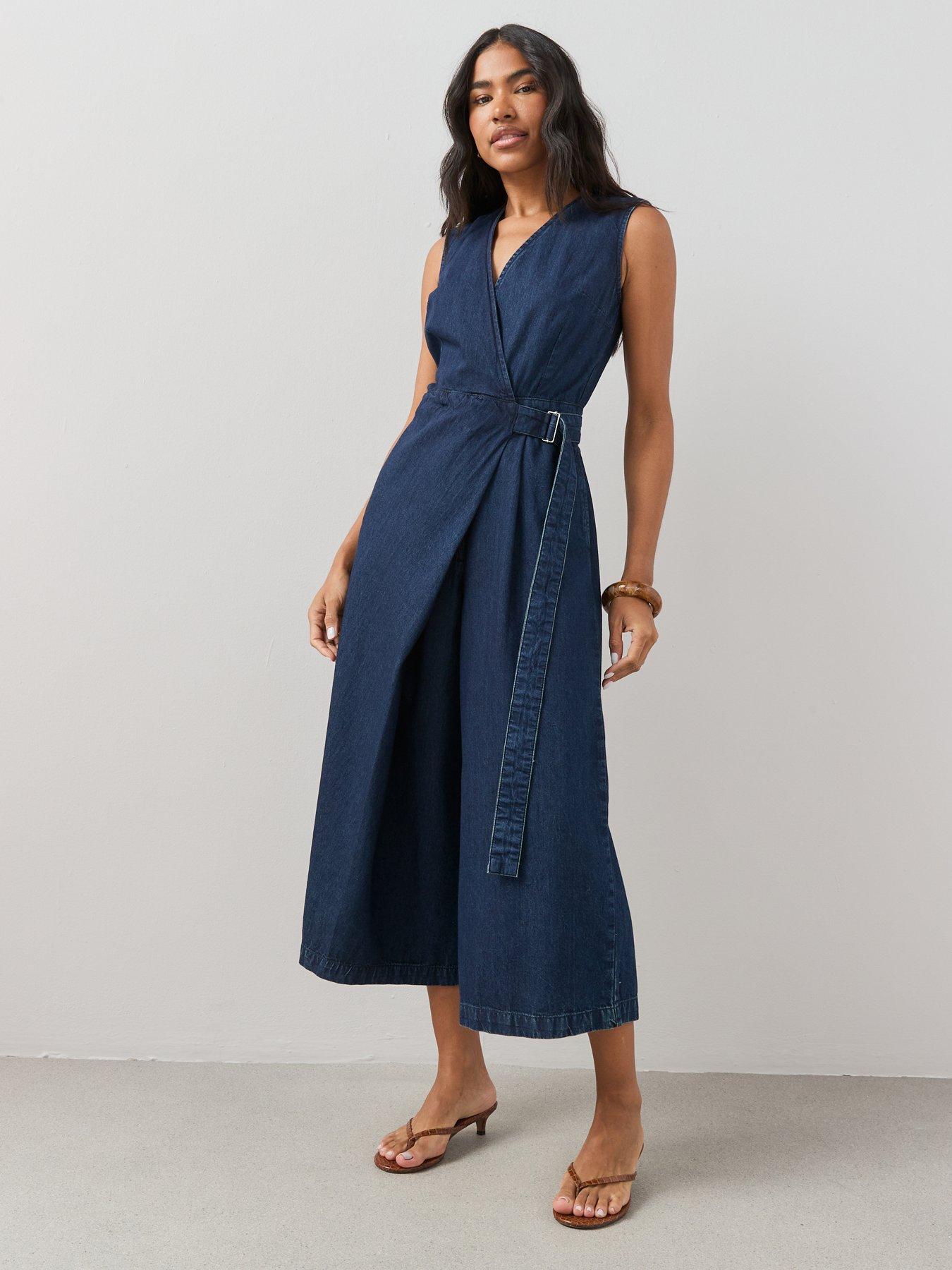 Image 4 of 7 of The Very Collection Denim Wrap Jumpsuit - Dark Wash