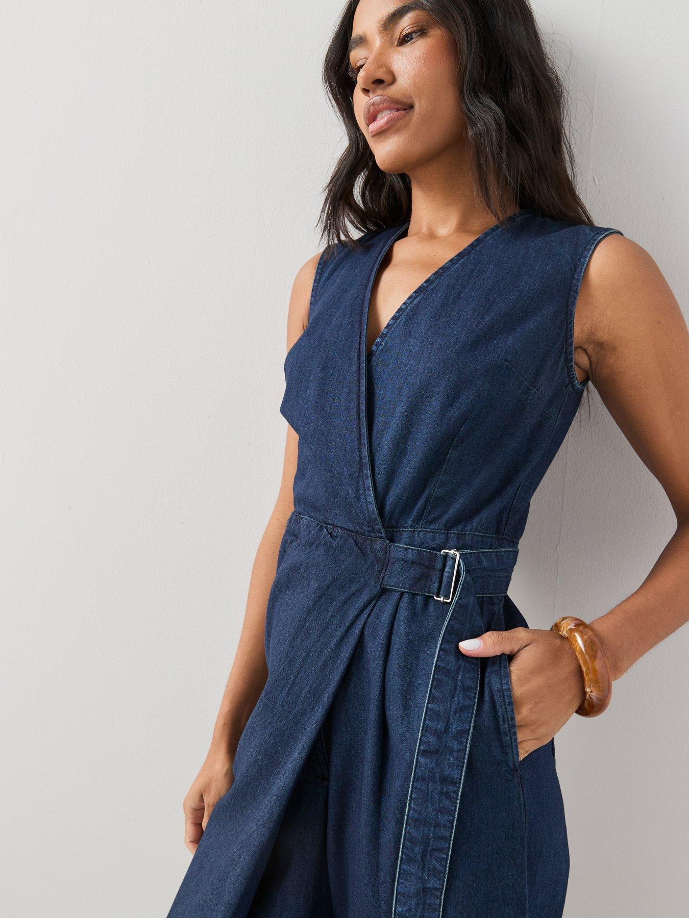 Image 6 of 7 of The Very Collection Denim Wrap Jumpsuit - Dark Wash