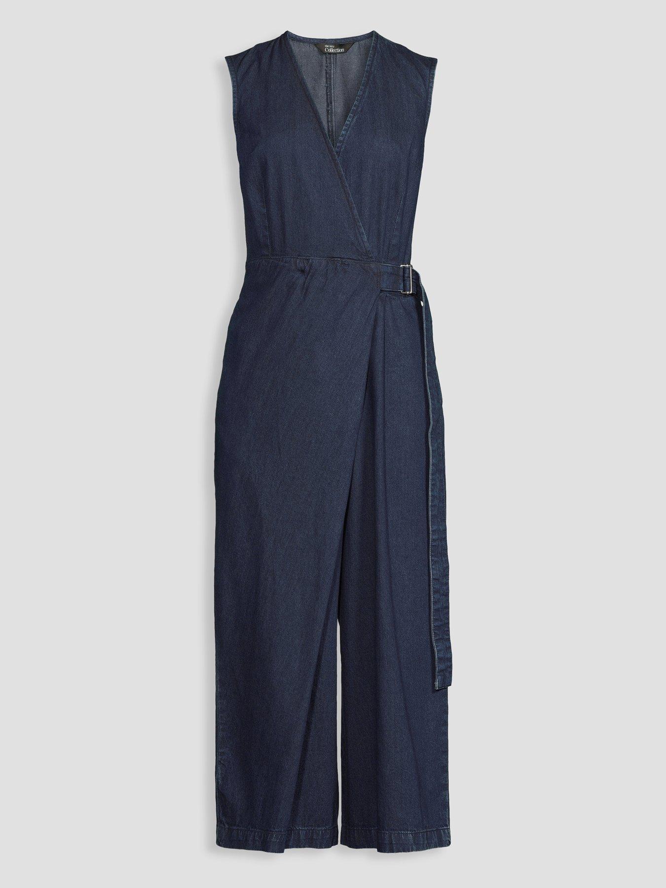 Image 7 of 7 of The Very Collection Denim Wrap Jumpsuit - Dark Wash