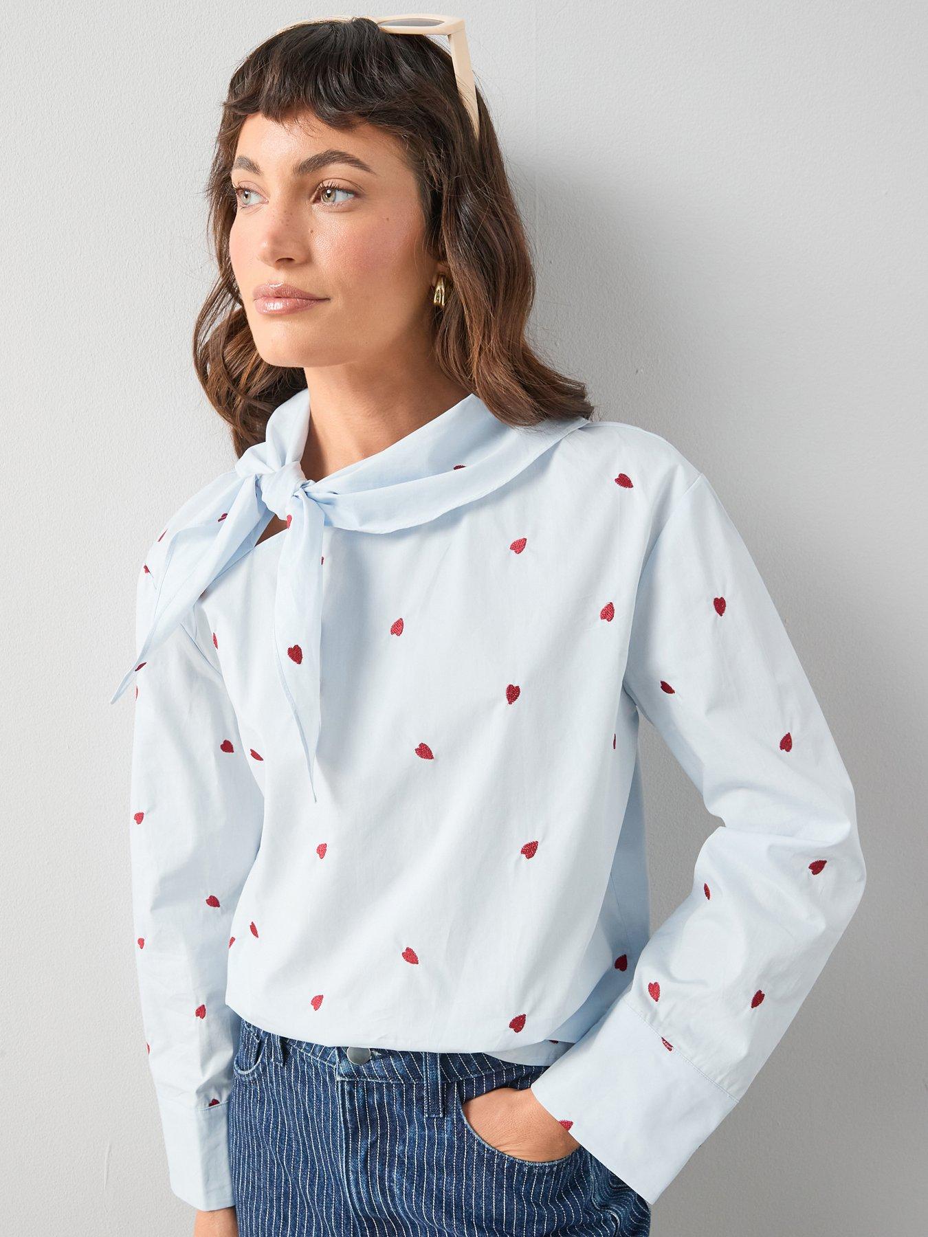 The Very Collection Cotton Heart Embroidered Tie Detail Shirt - Blue