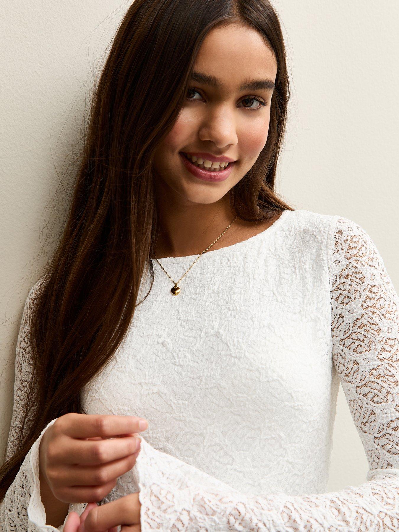  image of new-look-915-girls-long-sleeve-lace-asymmetric-hem-top-white