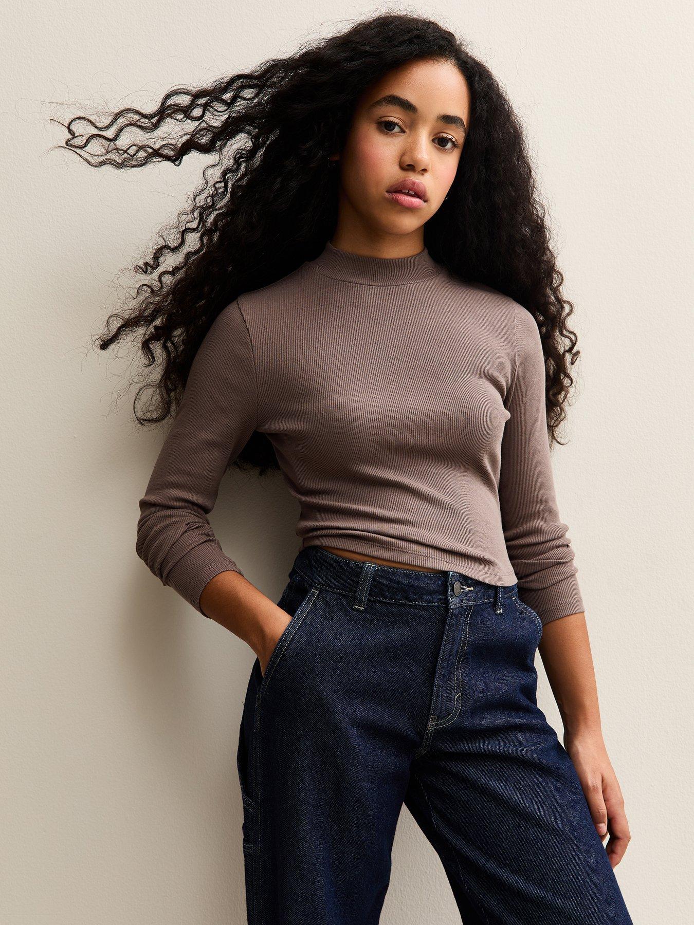 front image of new-look-915-girls-long-sleeve-high-neck-top-mink